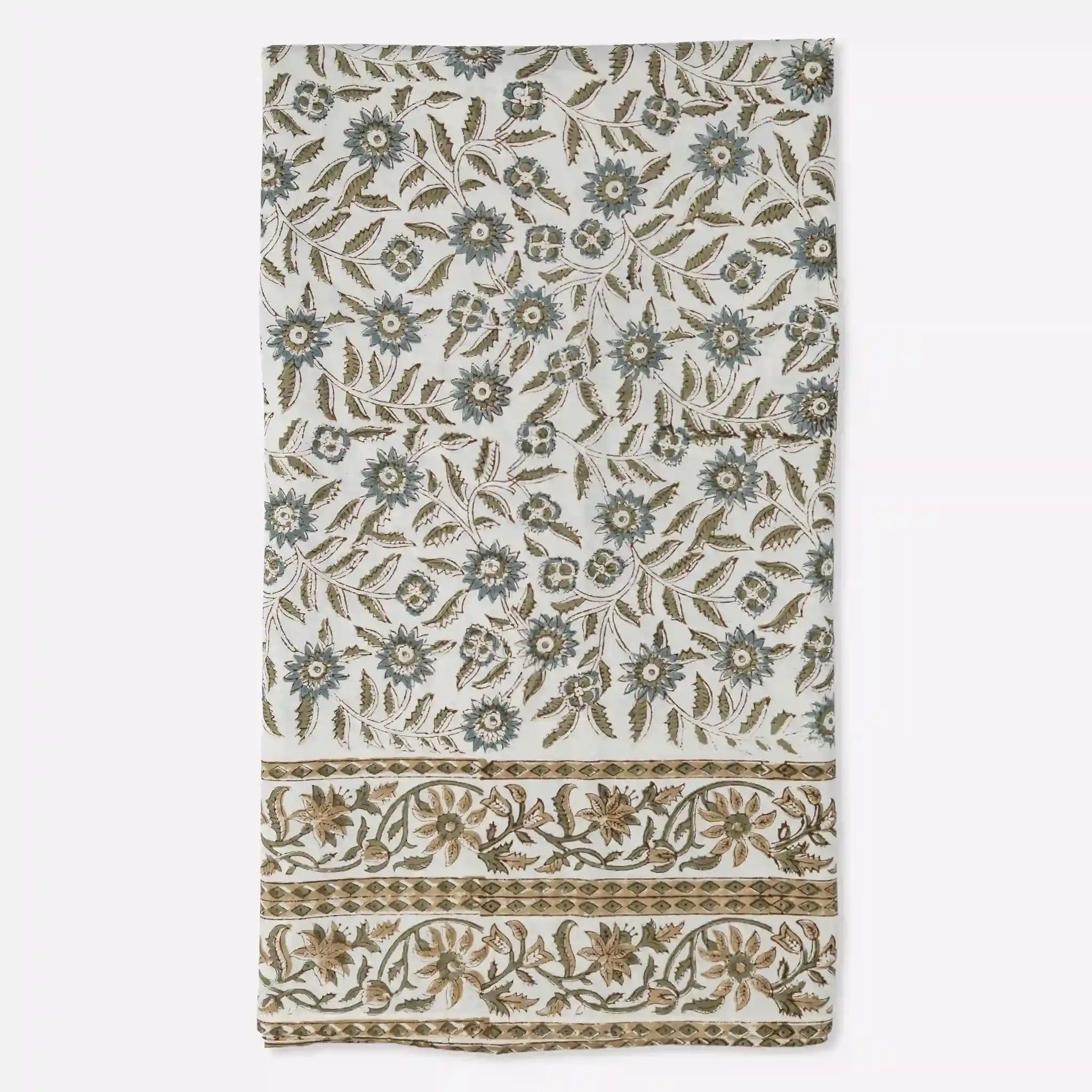 Willowmere Ice Blue & Brown Hand Block Printed Cotton Tablecloth