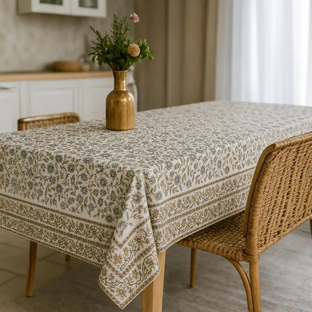 Willowmere Ice Blue & Brown Hand Block Printed Cotton Tablecloth