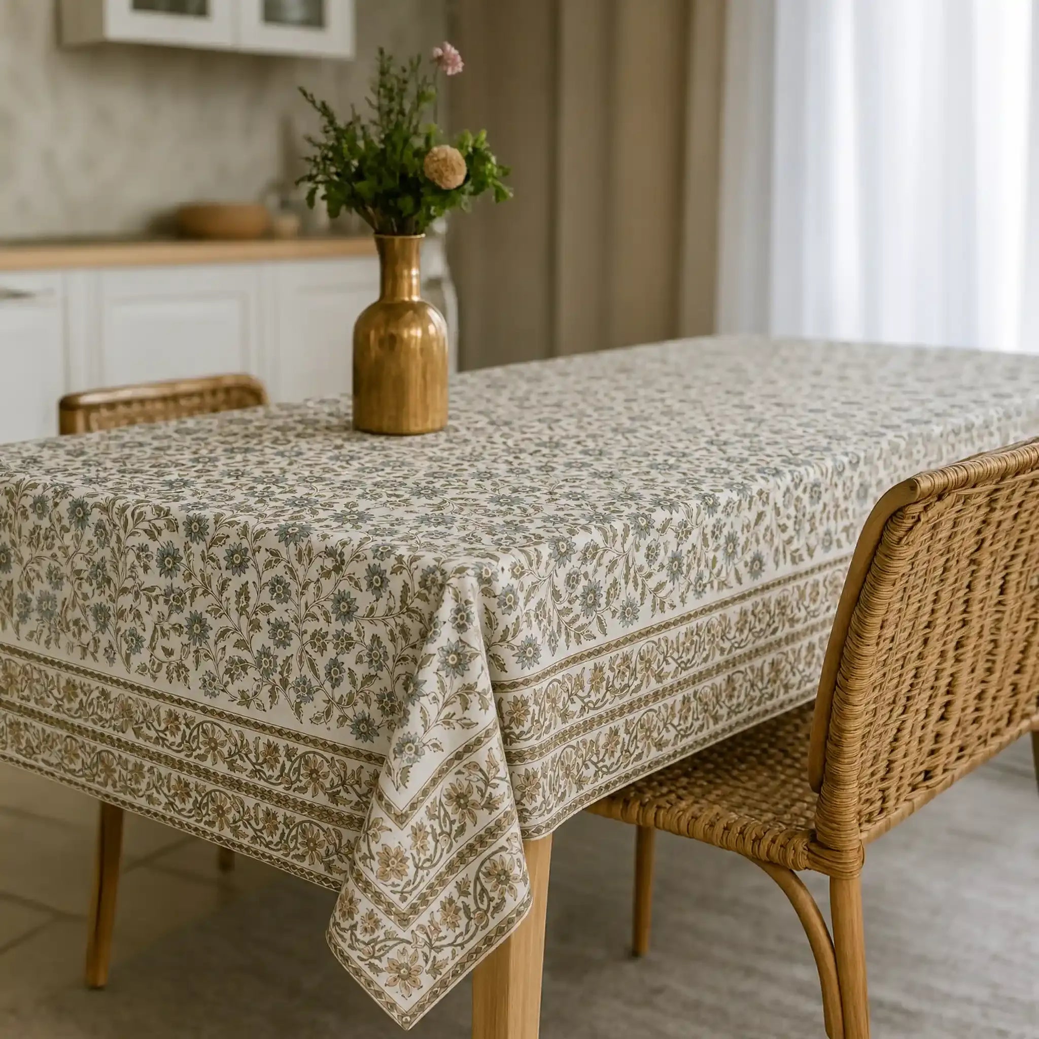 Willowmere Ice Blue & Brown Hand Block Printed Cotton Tablecloth