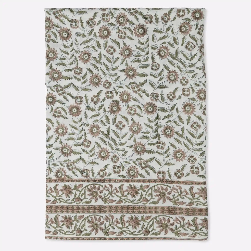 Willowmere Blush Pink & Blue Hand Block Printed Cotton Tablecloth