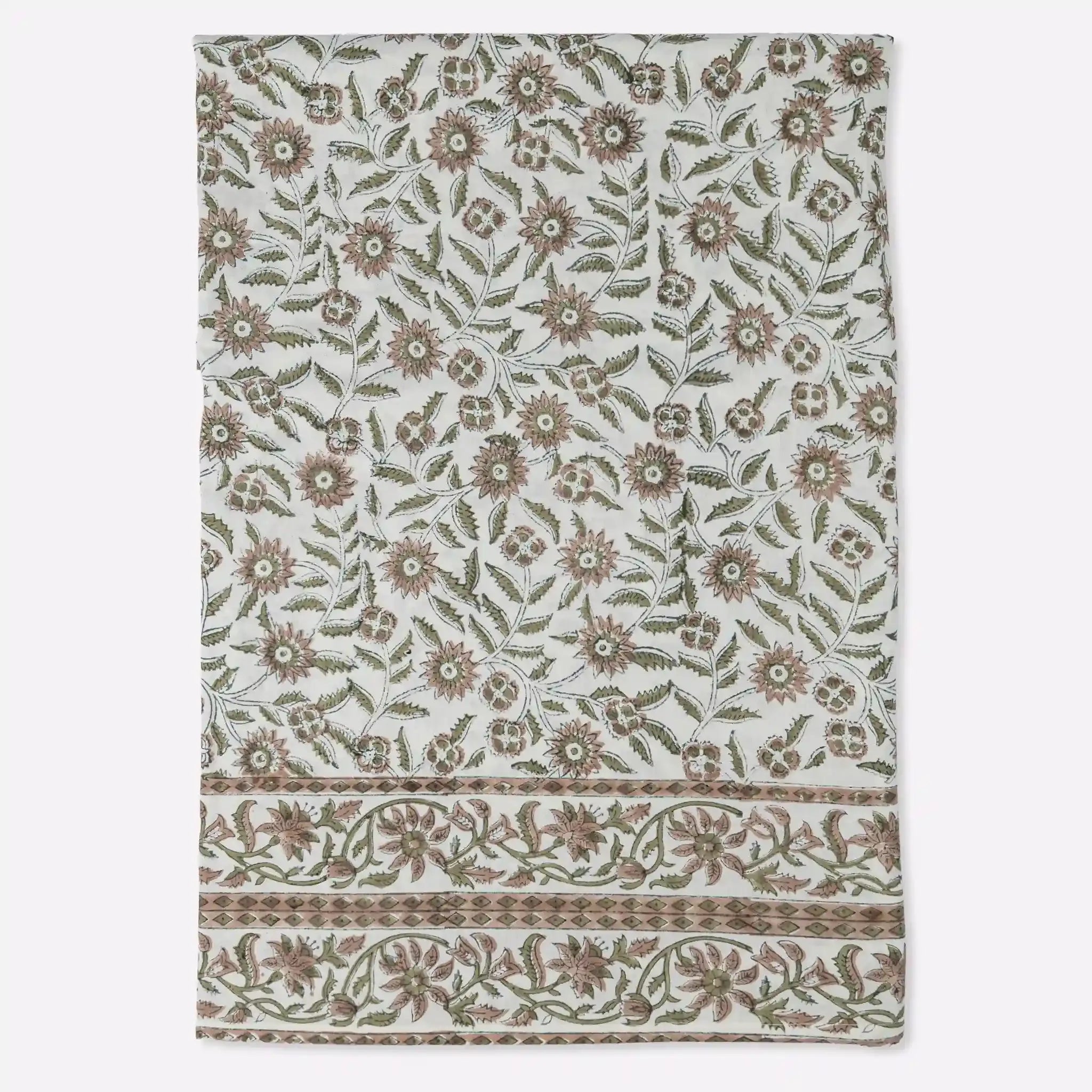 Willowmere Blush Pink & Blue Hand Block Printed Cotton Tablecloth
