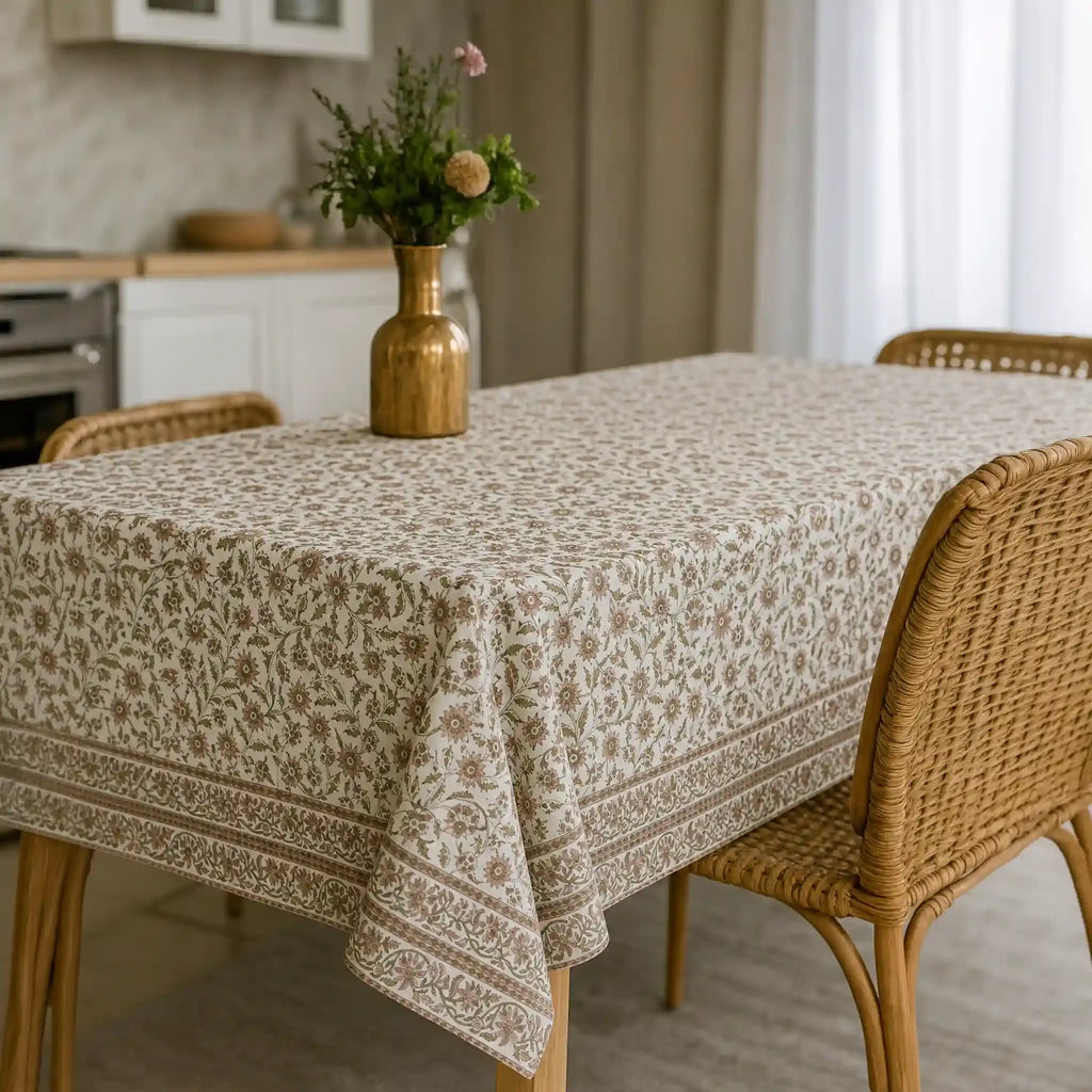 Willowmere Blush Pink & Blue Hand Block Printed Cotton Tablecloth
