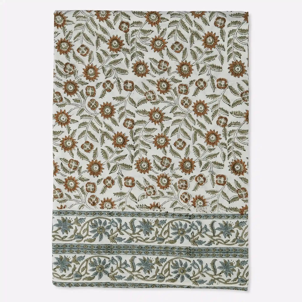 Willowmere Mustard & Olive Green Hand Block Printed Cotton Tablecloth