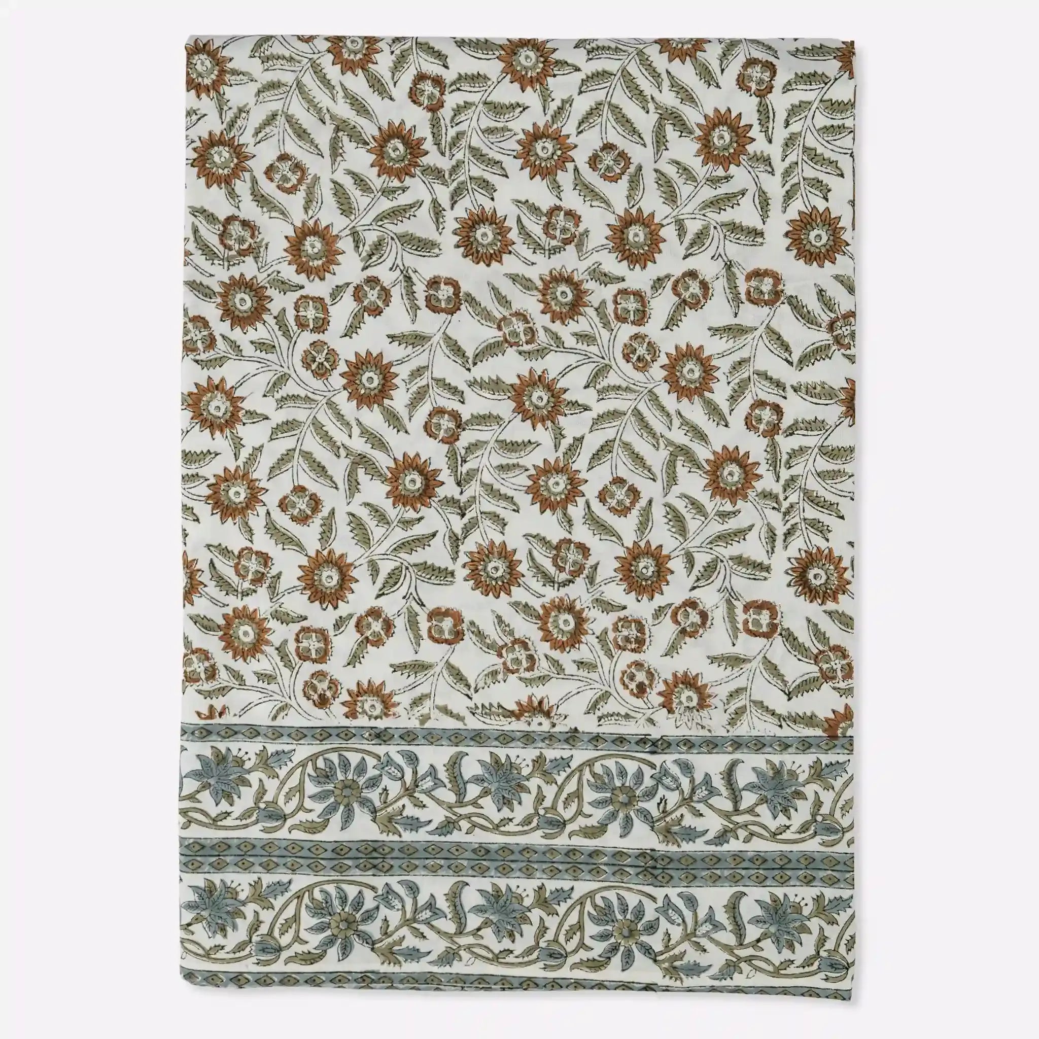 Willowmere Mustard & Olive Green Hand Block Printed Cotton Tablecloth
