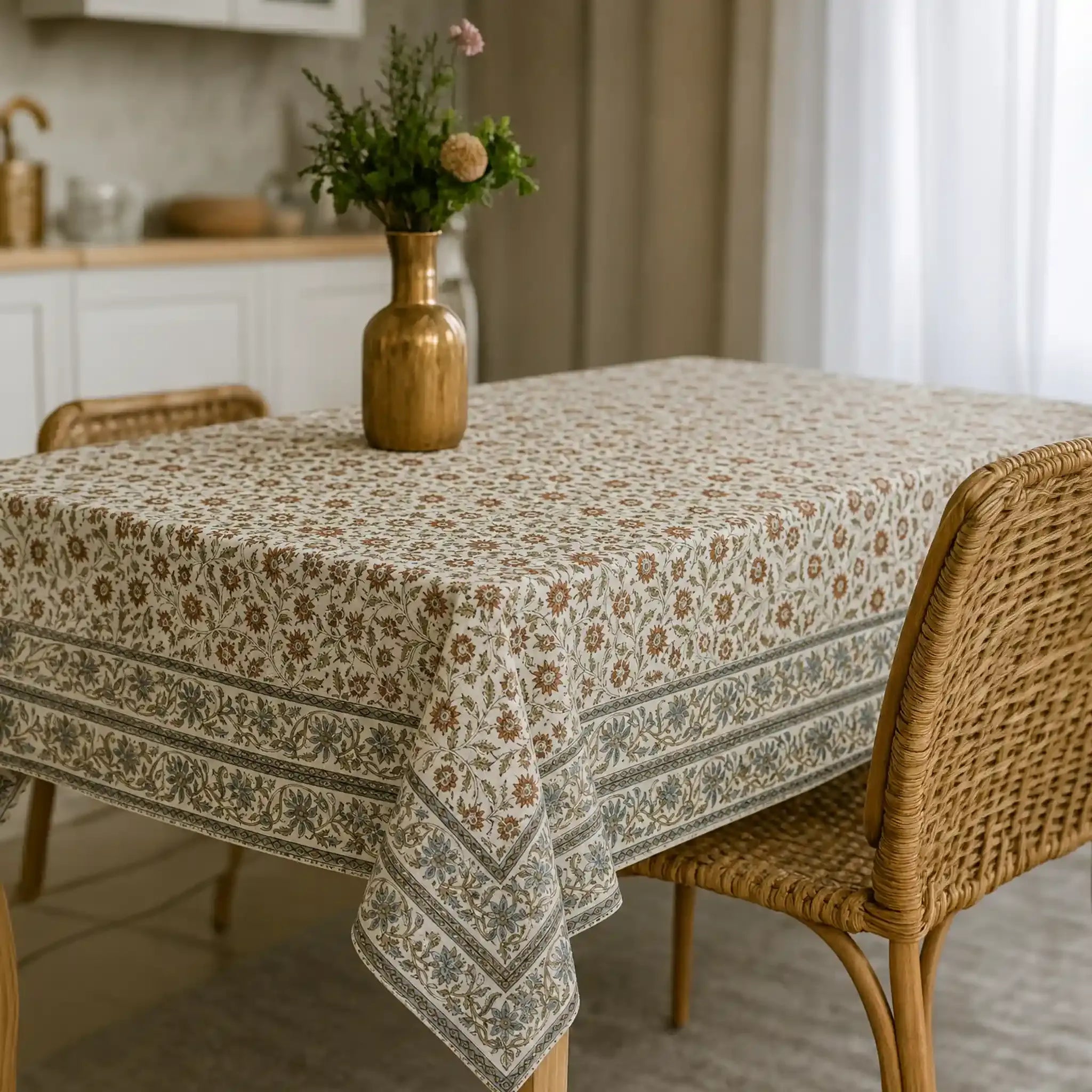 Willowmere Mustard & Olive Green Hand Block Printed Cotton Tablecloth