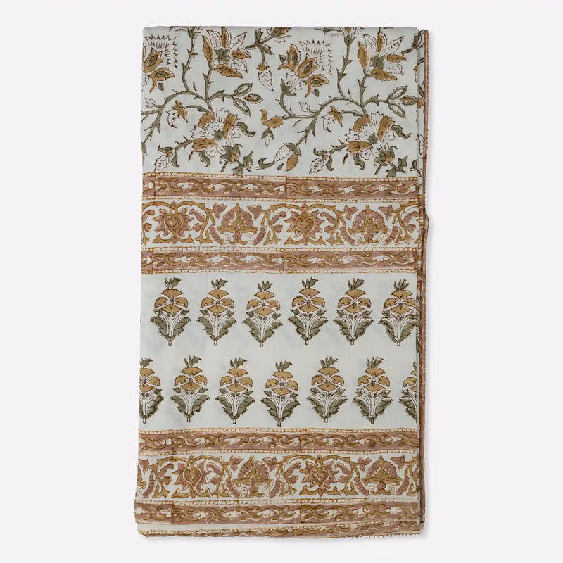 Florent Sage Green & Mustard Hand Block Printed Cotton Tablecloth