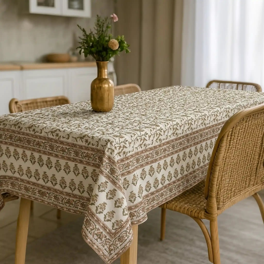 Florent Sage Green & Mustard Hand Block Printed Cotton Tablecloth