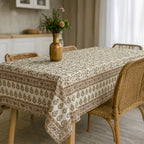 Florent Sage Green & Mustard Hand Block Printed Cotton Tablecloth