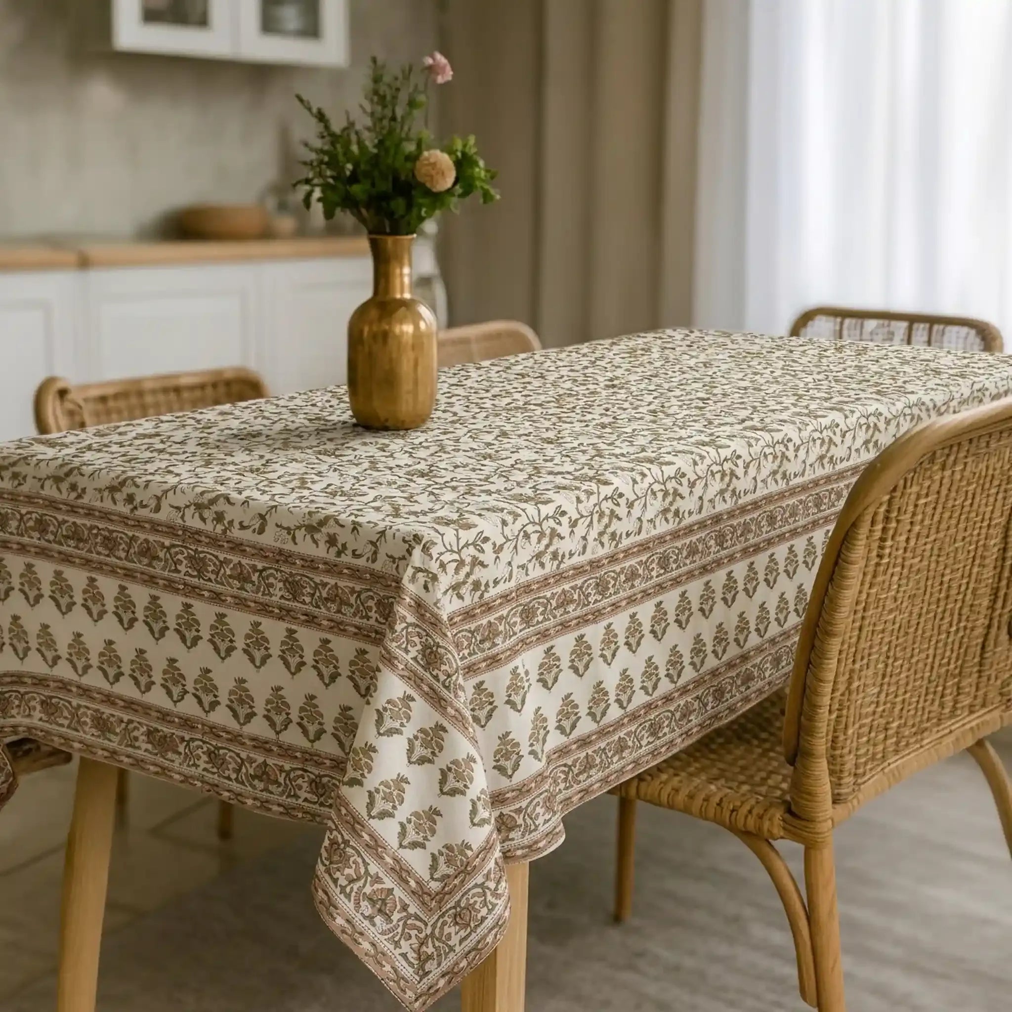 Florent Sage Green & Mustard Hand Block Printed Cotton Tablecloth