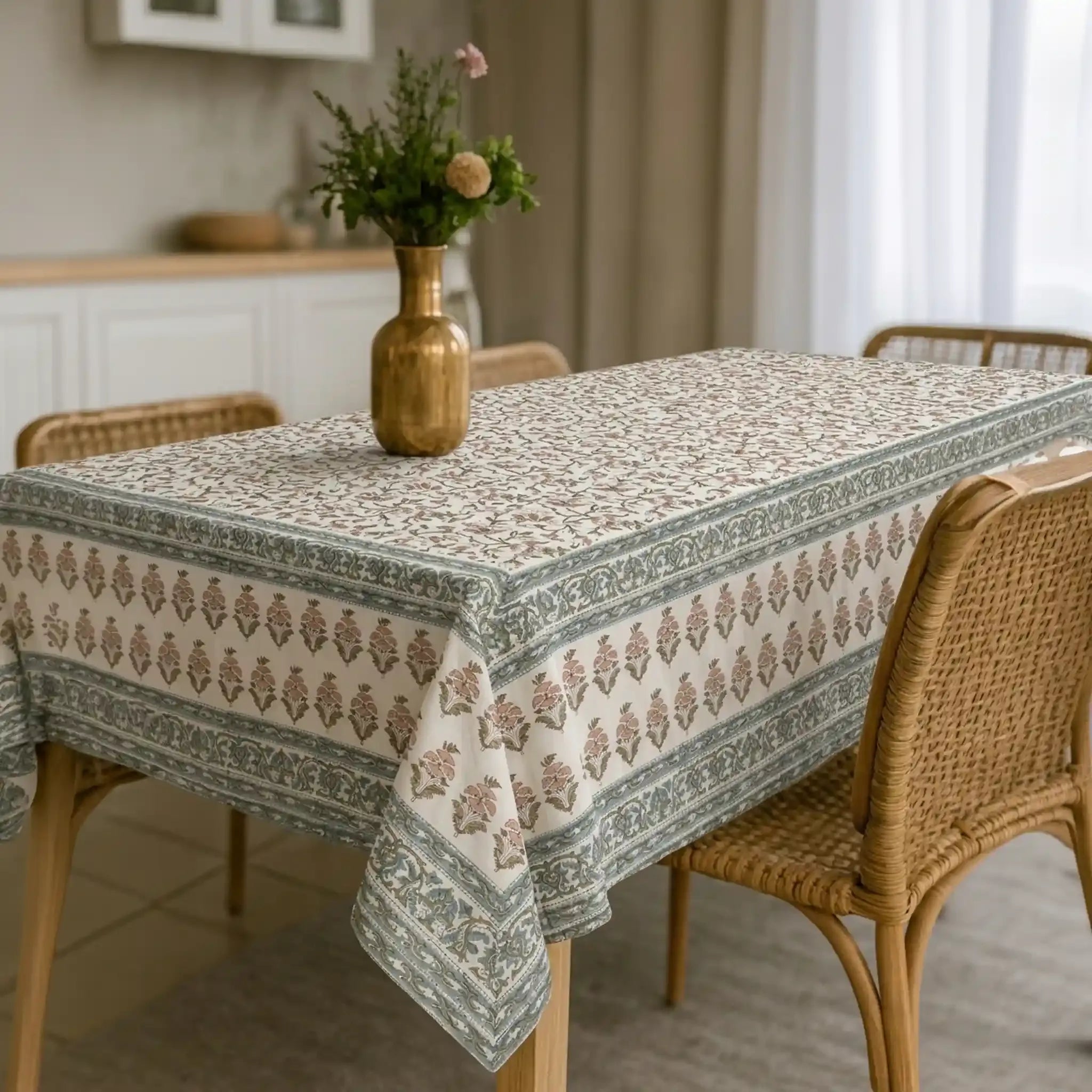 Florent Sage Green & Plum Wine Hand Block Printed Cotton Tablecloth