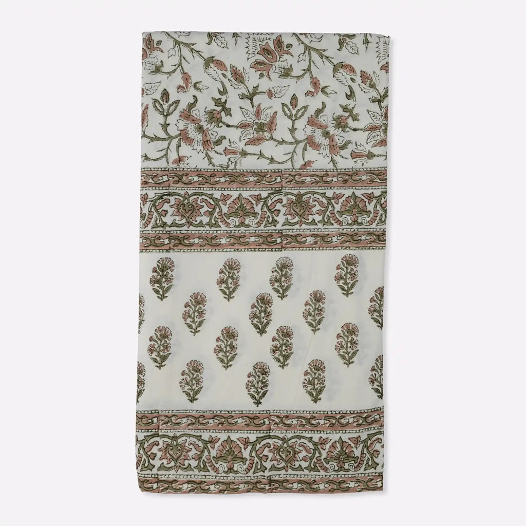 Montrose Blush Pink & Olive Green Hand Block Printed Cotton Tablecloth