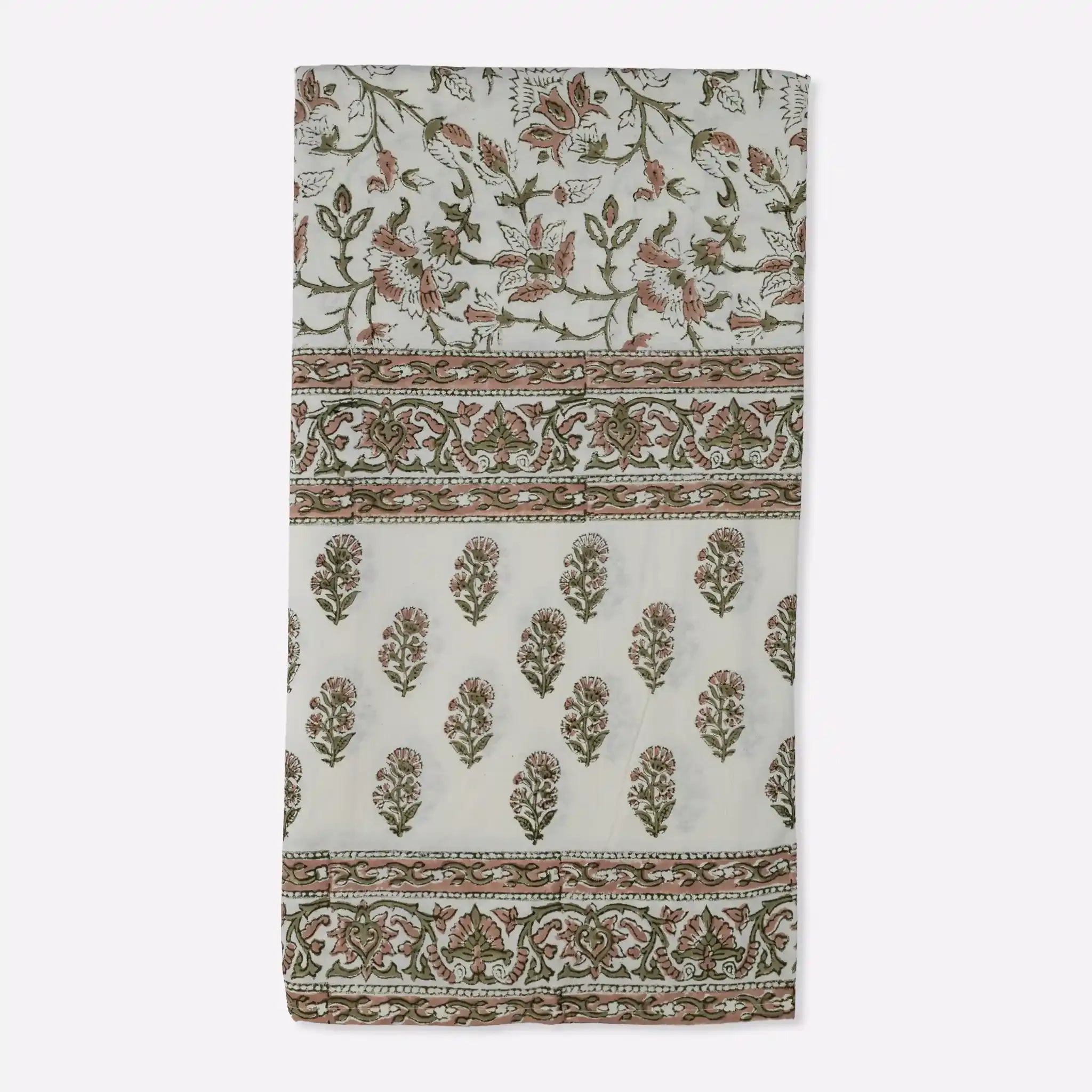 Montrose Blush Pink & Olive Green Hand Block Printed Cotton Tablecloth