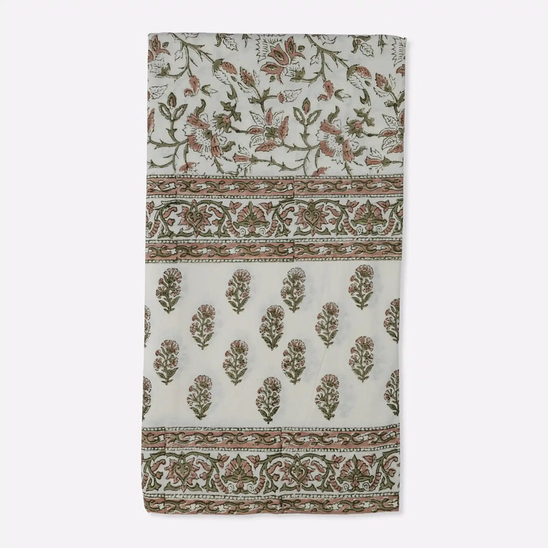 Montrose Blush Pink & Olive Green Hand Block Printed Cotton Tablecloth