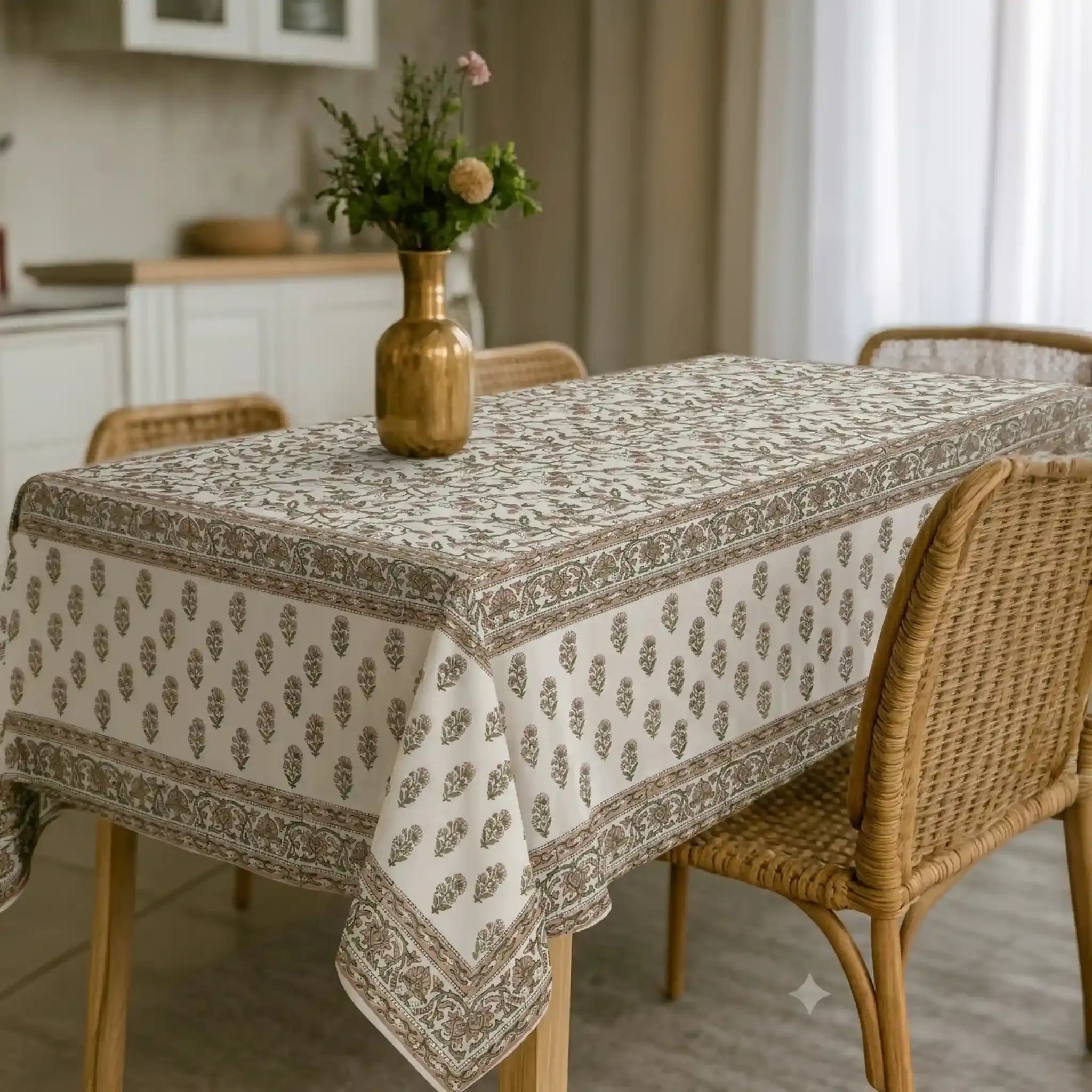 Montrose Blush Pink & Olive Green Hand Block Printed Cotton Tablecloth