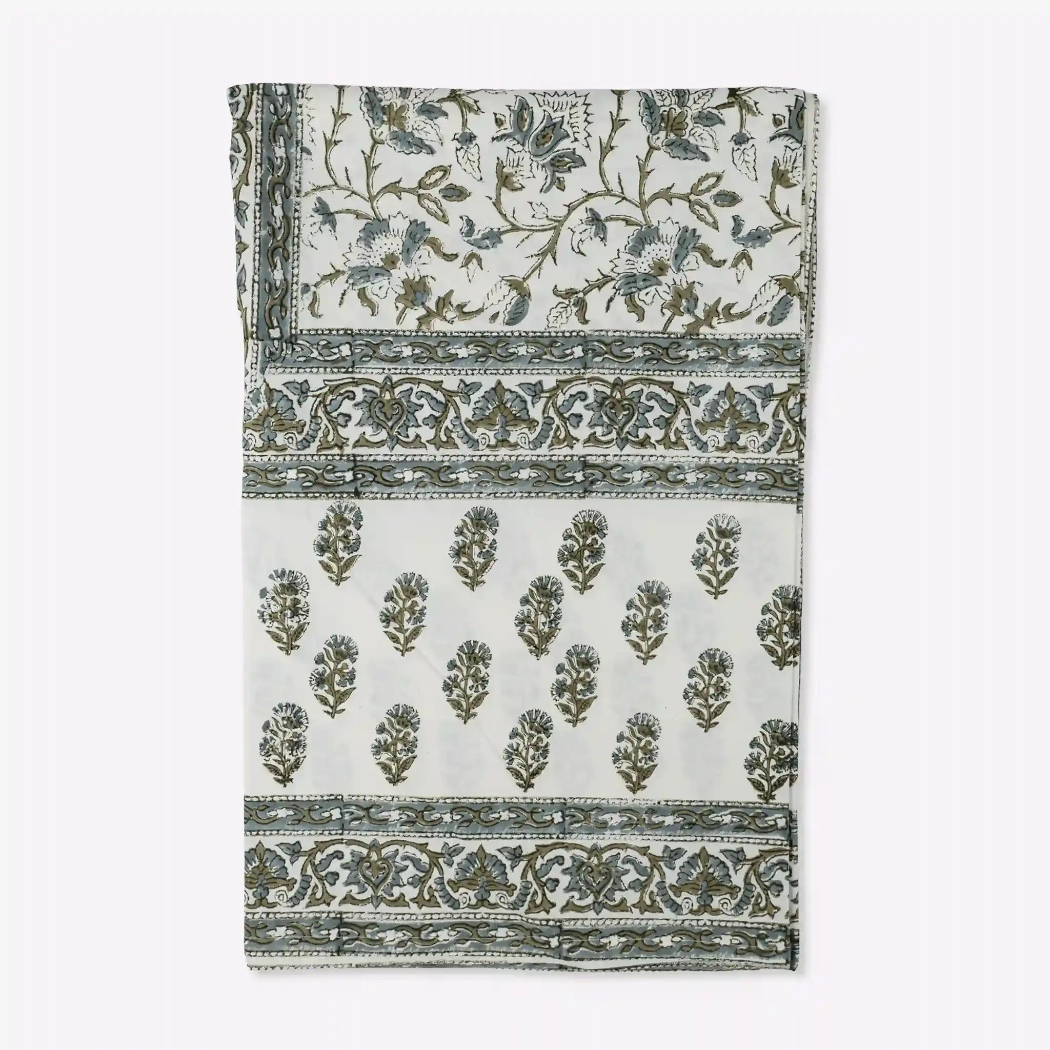 Montrose Ice Blue & Olive Green Hand Block Printed Cotton Tablecloth