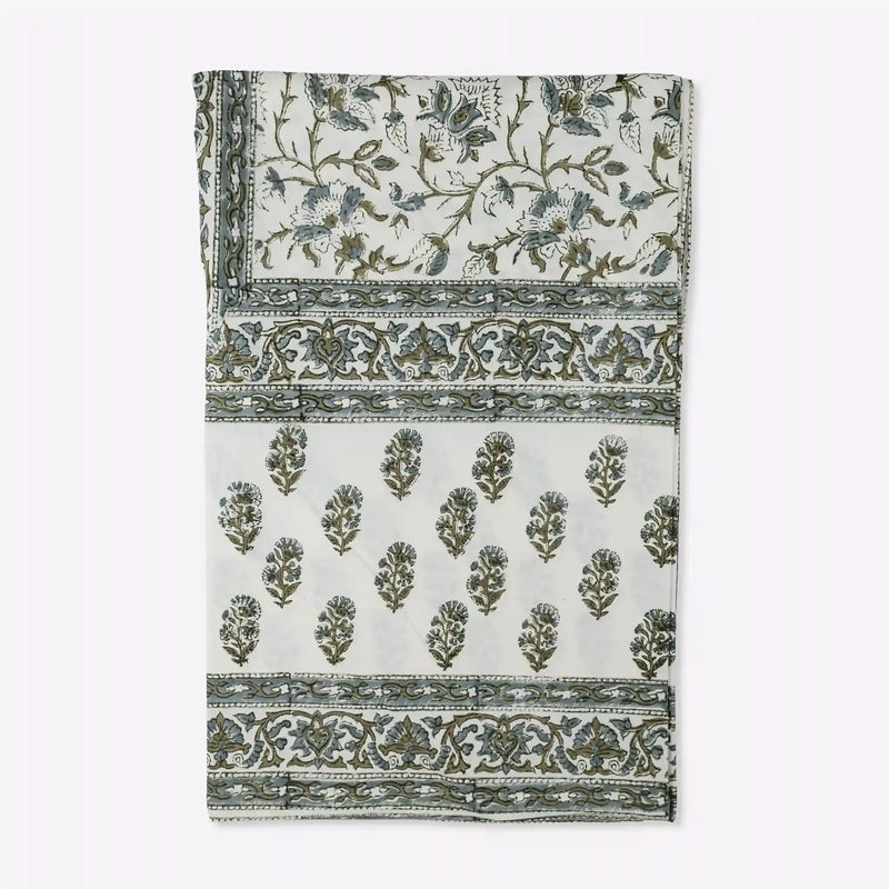 Montrose Ice Blue & Olive Green Hand Block Printed Cotton Tablecloth