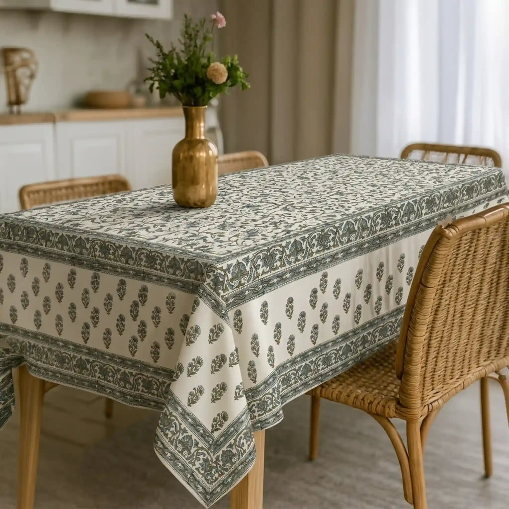 Montrose Ice Blue & Olive Green Hand Block Printed Cotton Tablecloth