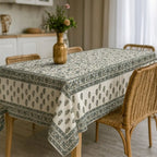 Montrose Ice Blue & Olive Green Hand Block Printed Cotton Tablecloth