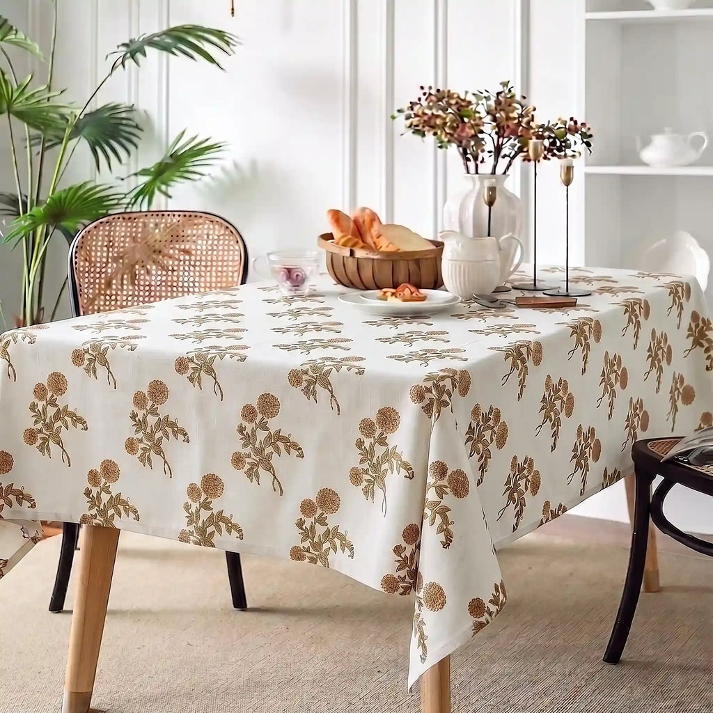 Ditsy Press Beige & Dark Brown Hand Block Printed Cotton Tablecloth