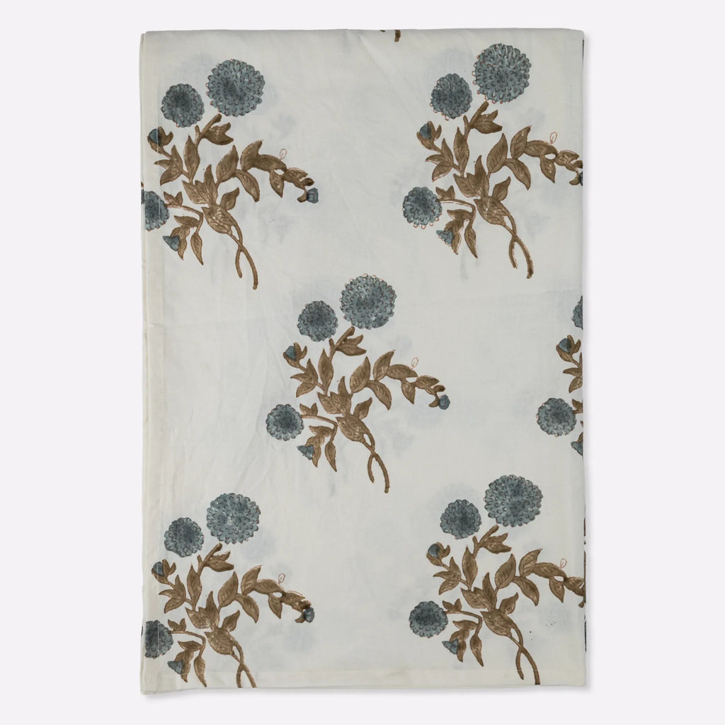 Ditsy Press Aqua & Pink Hand Block Printed Cotton Tablecloth