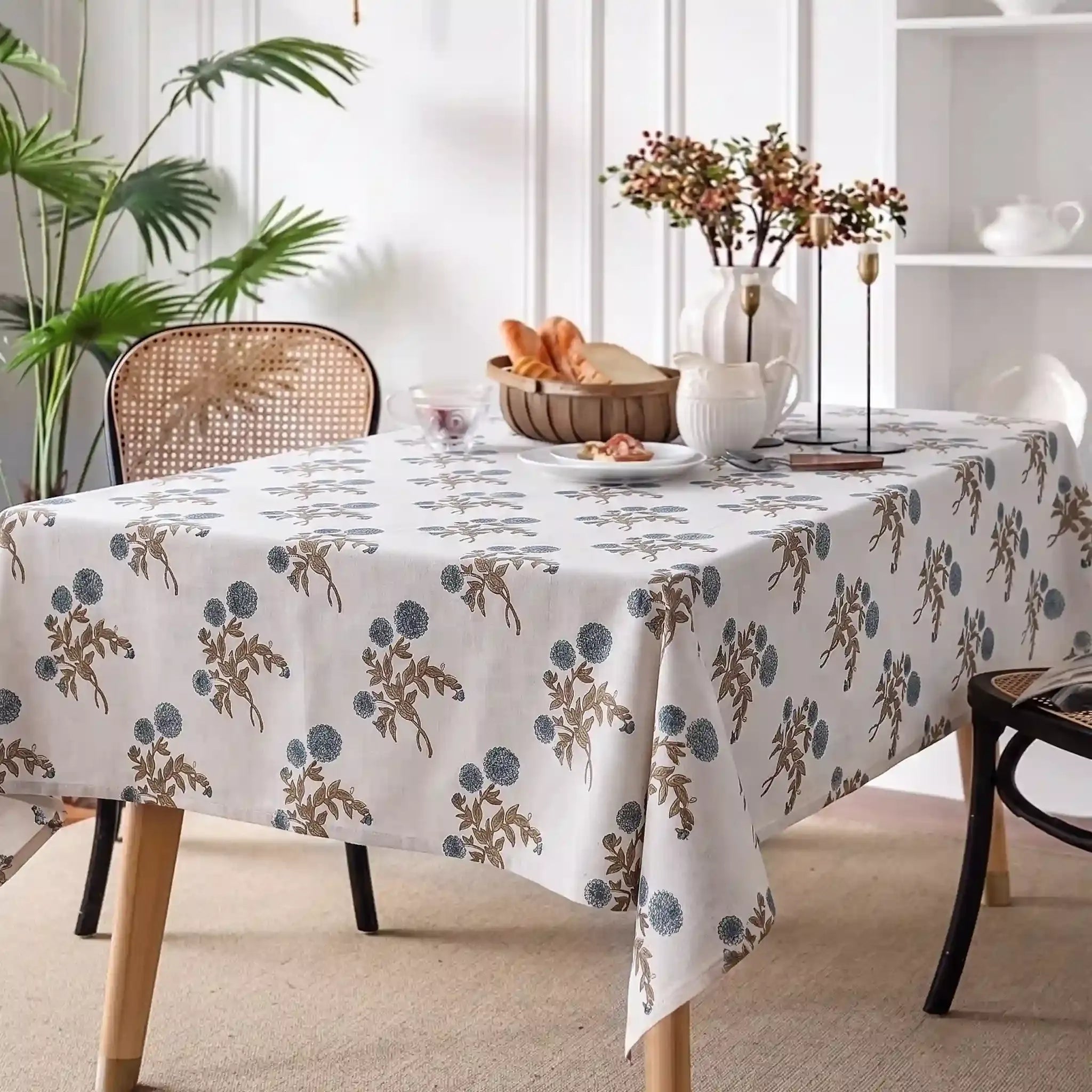 Ditsy Press Aqua & Pink Hand Block Printed Cotton Tablecloth