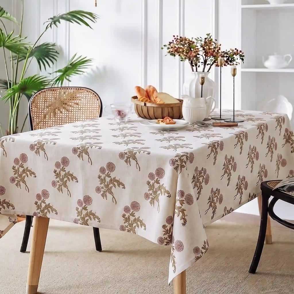 Ditsy Press Beige & Blue Hand Block Printed Cotton Tablecloth