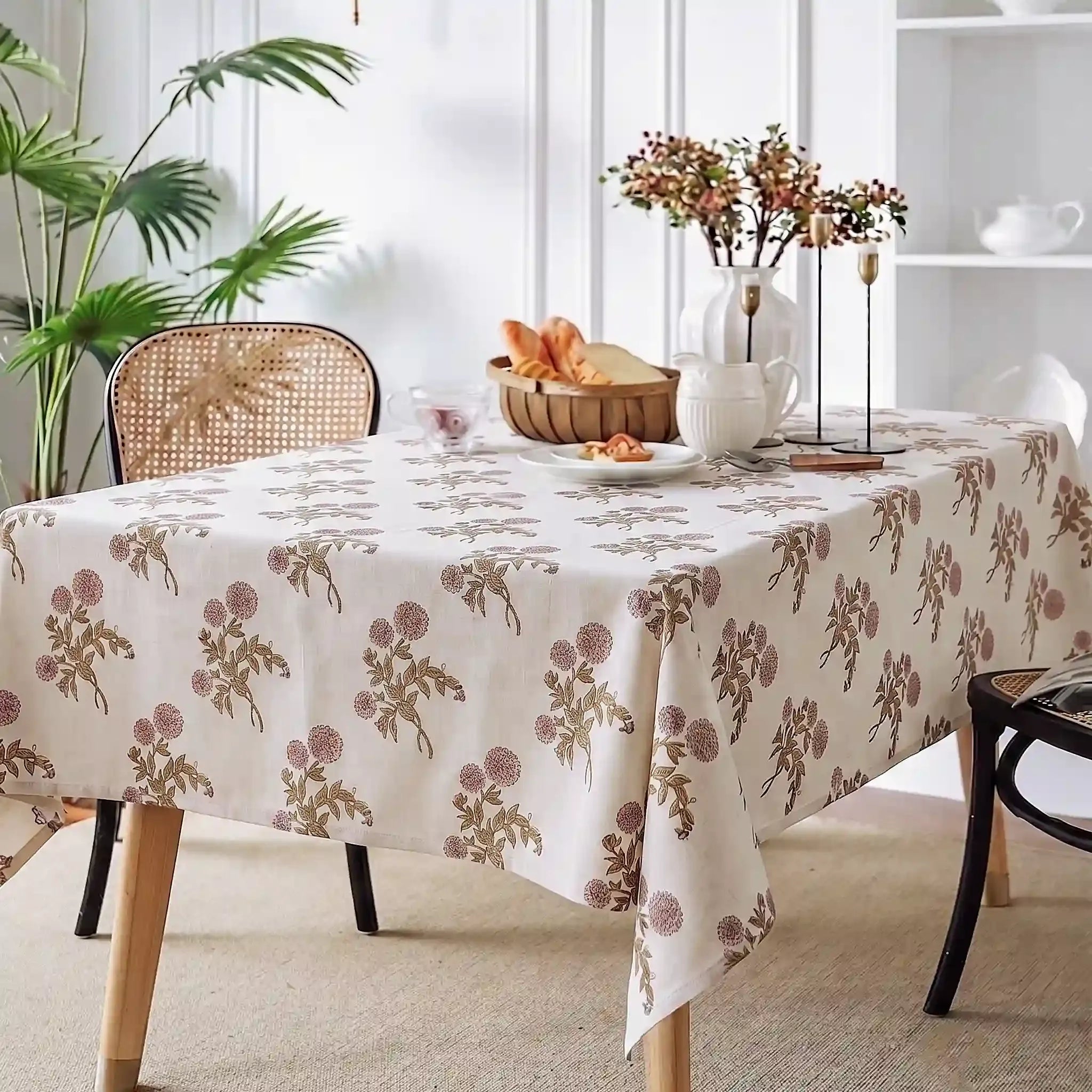 Ditsy Press Beige & Blue Hand Block Printed Cotton Tablecloth