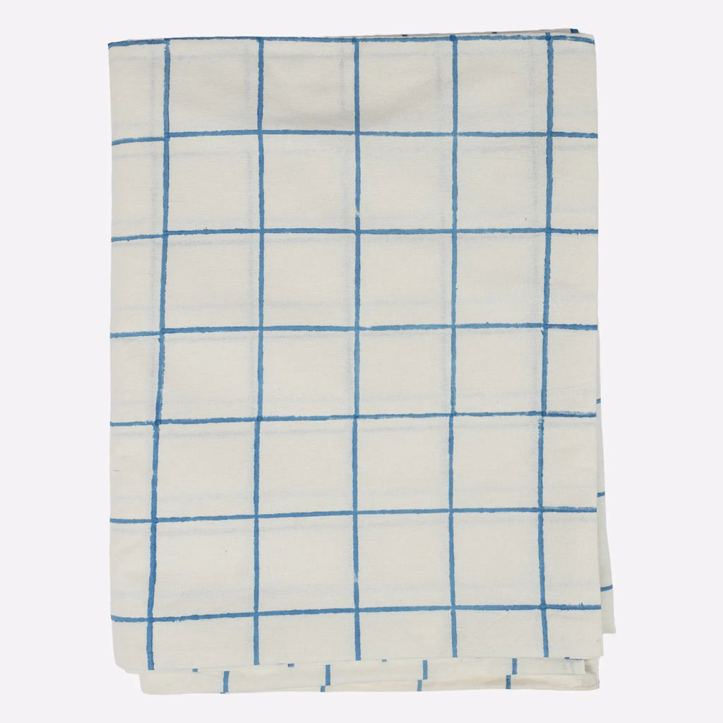 Soft Checks Blue Hand Block Printed Cotton Tablecloth