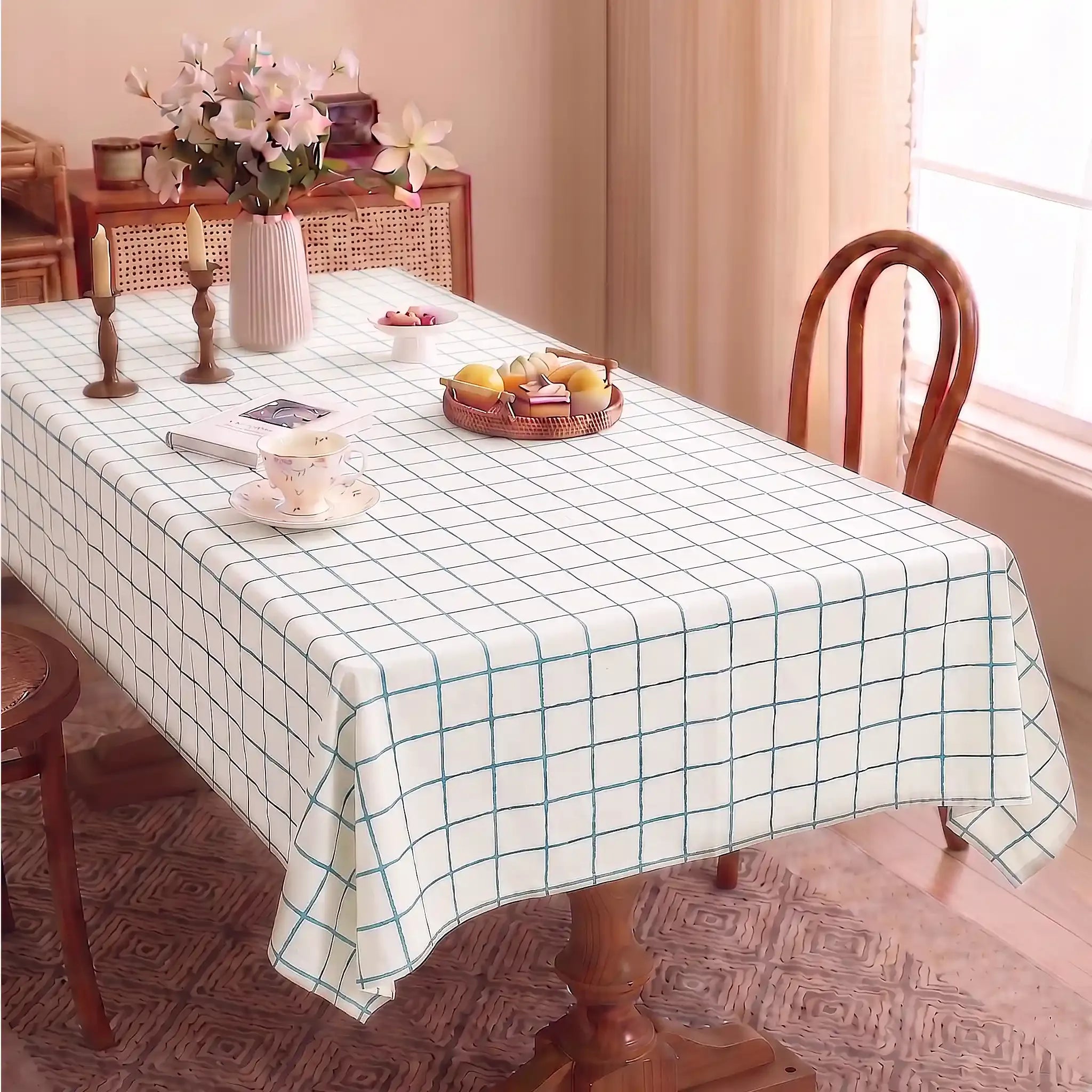 Soft Checks Blue Hand Block Printed Cotton Tablecloth