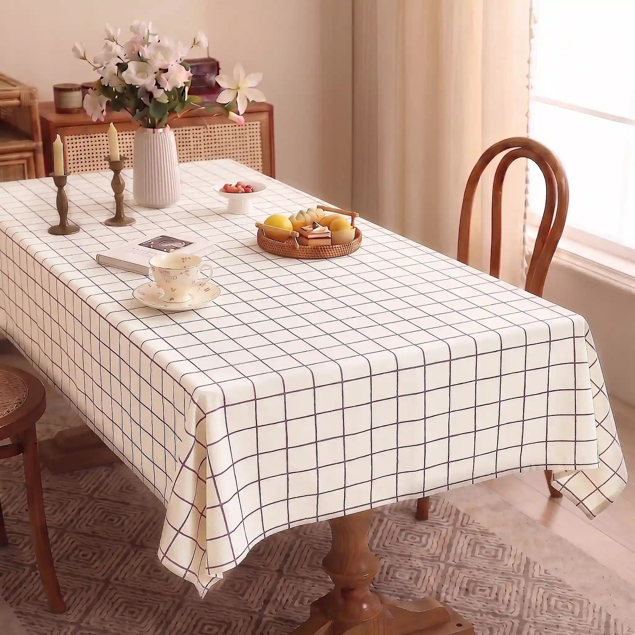 Soft Checks Purple Hand Block Printed Cotton Tablecloth