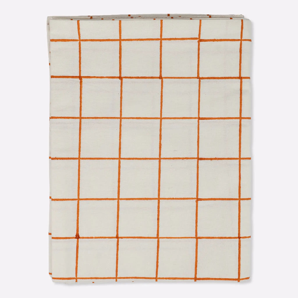 Soft Checks Orange Hand Block Printed Cotton Tablecloth