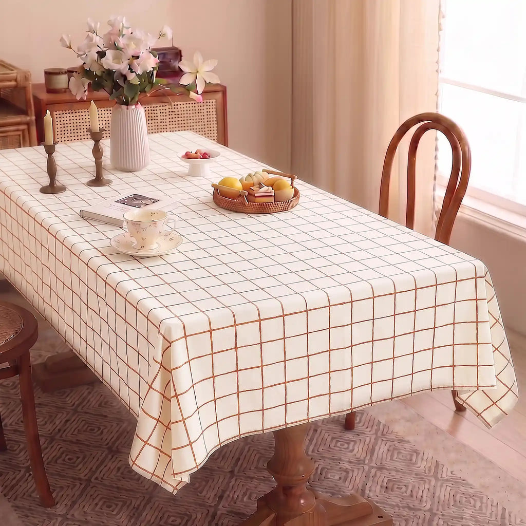 Soft Checks Orange Hand Block Printed Cotton Tablecloth