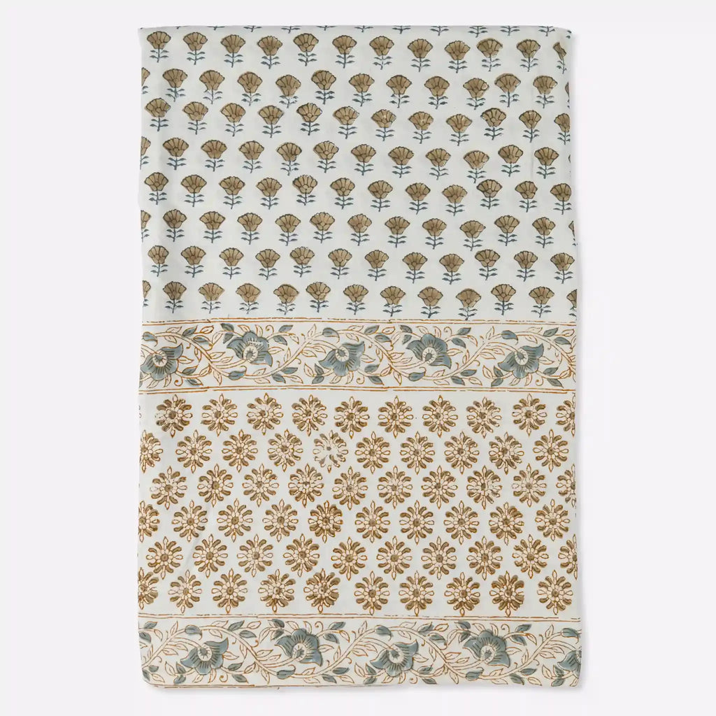 Amber Garden Sage Green & Blue Hand Block Printed Cotton Tablecloth