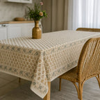 Amber Garden Sage Green & Blue Hand Block Printed Cotton Tablecloth