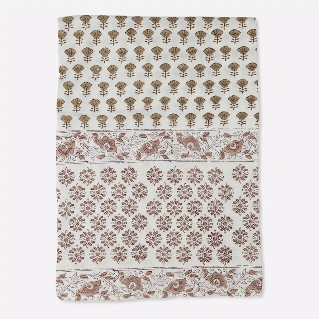 Amber Garden Blush Pink & Brown Hand Block Printed Cotton Tablecloth