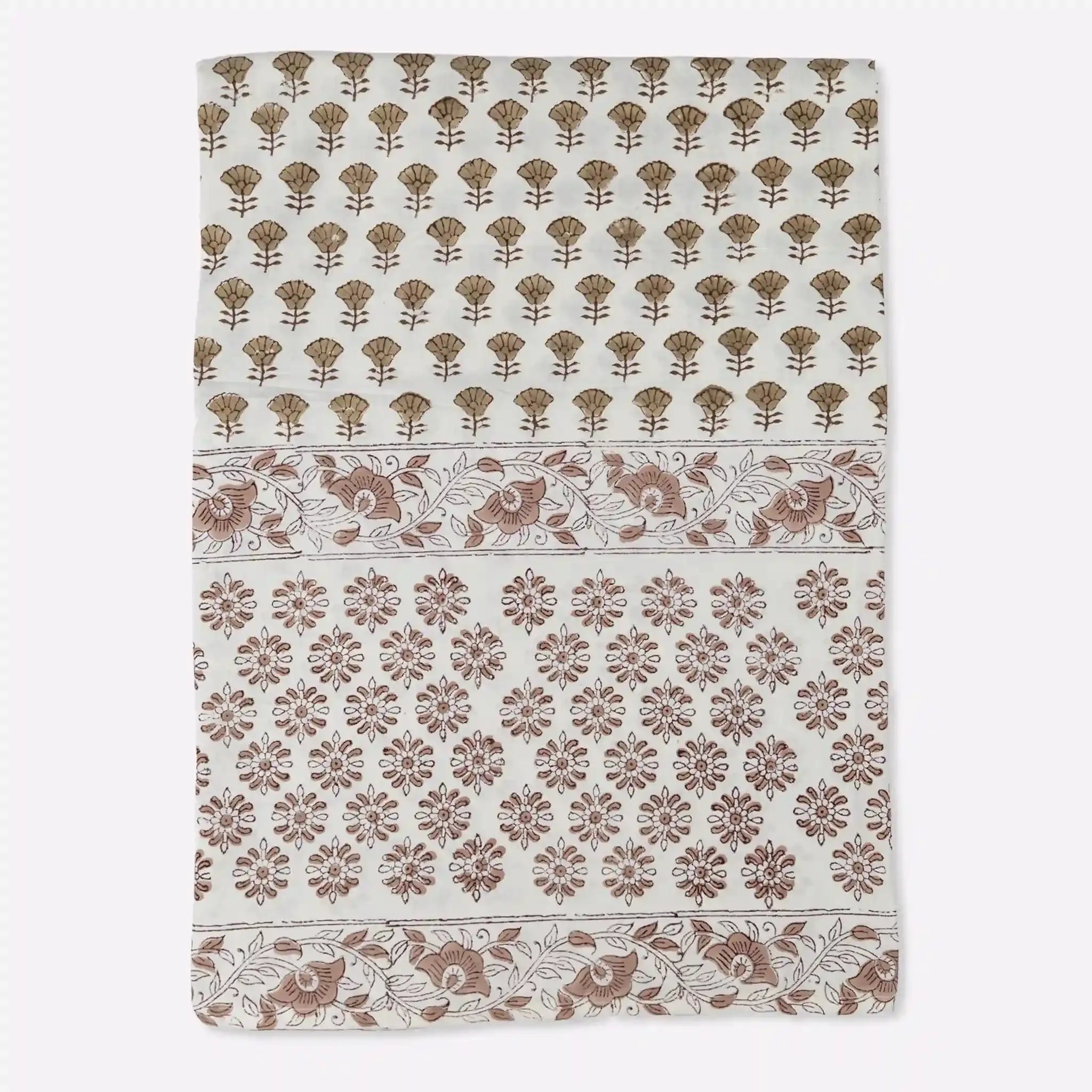 Amber Garden Blush Pink & Brown Hand Block Printed Cotton Tablecloth