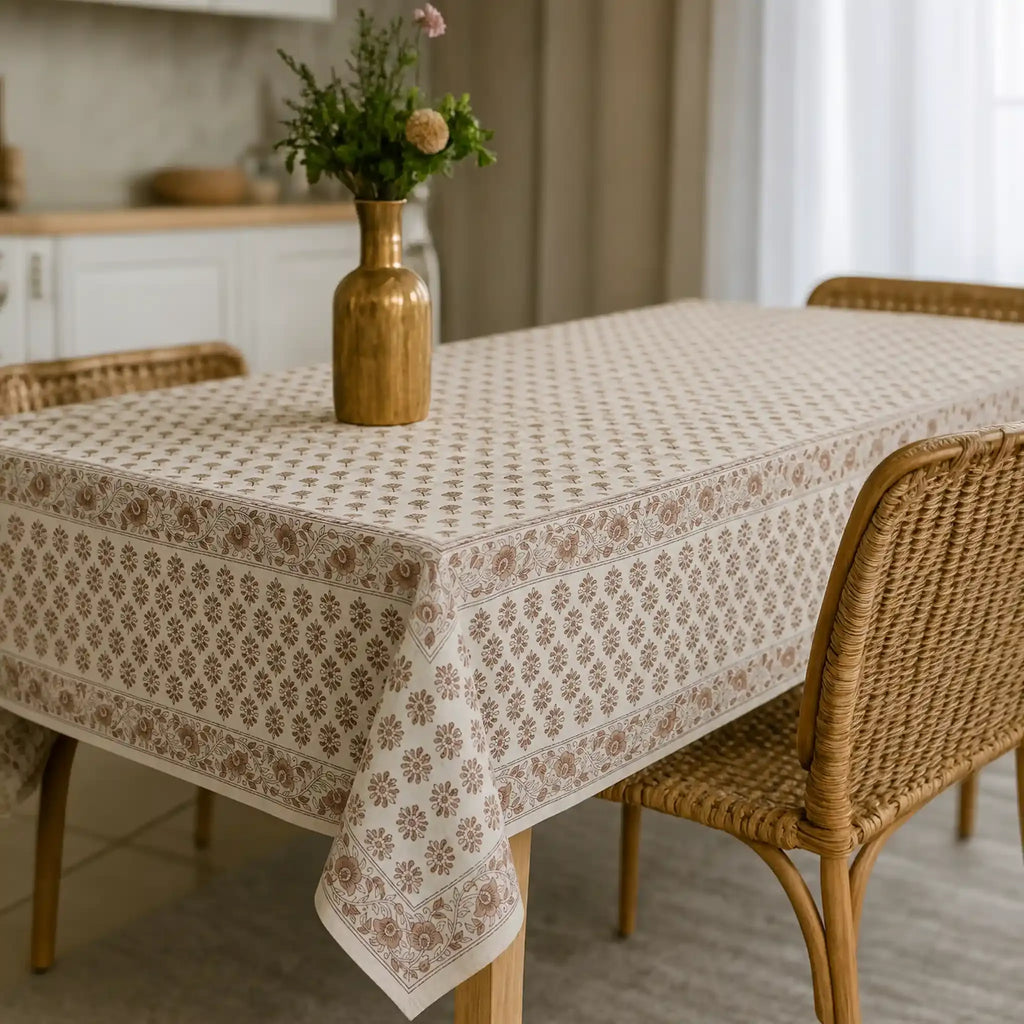 Amber Garden Blush Pink & Brown Hand Block Printed Cotton Tablecloth