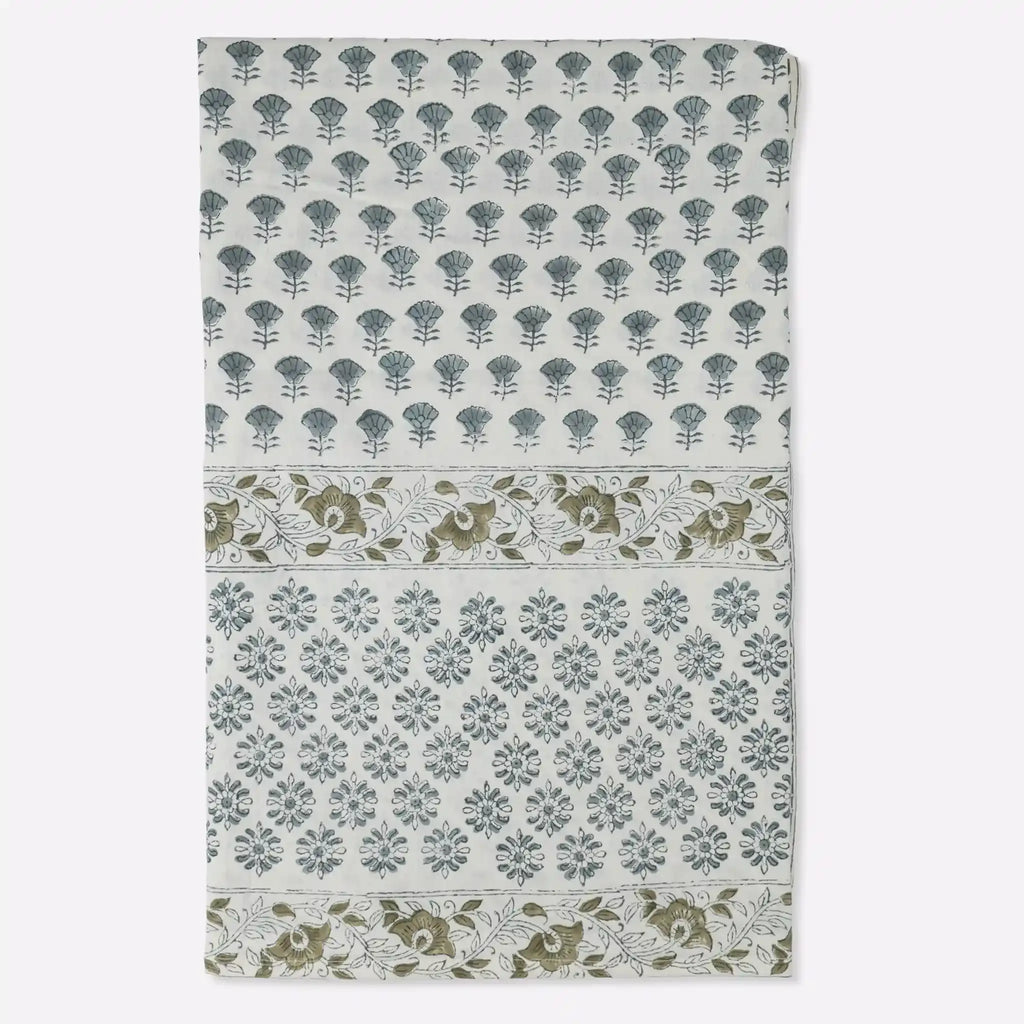 Amber Garden Ice Blue & Mustard Hand Block Printed Cotton Tablecloth