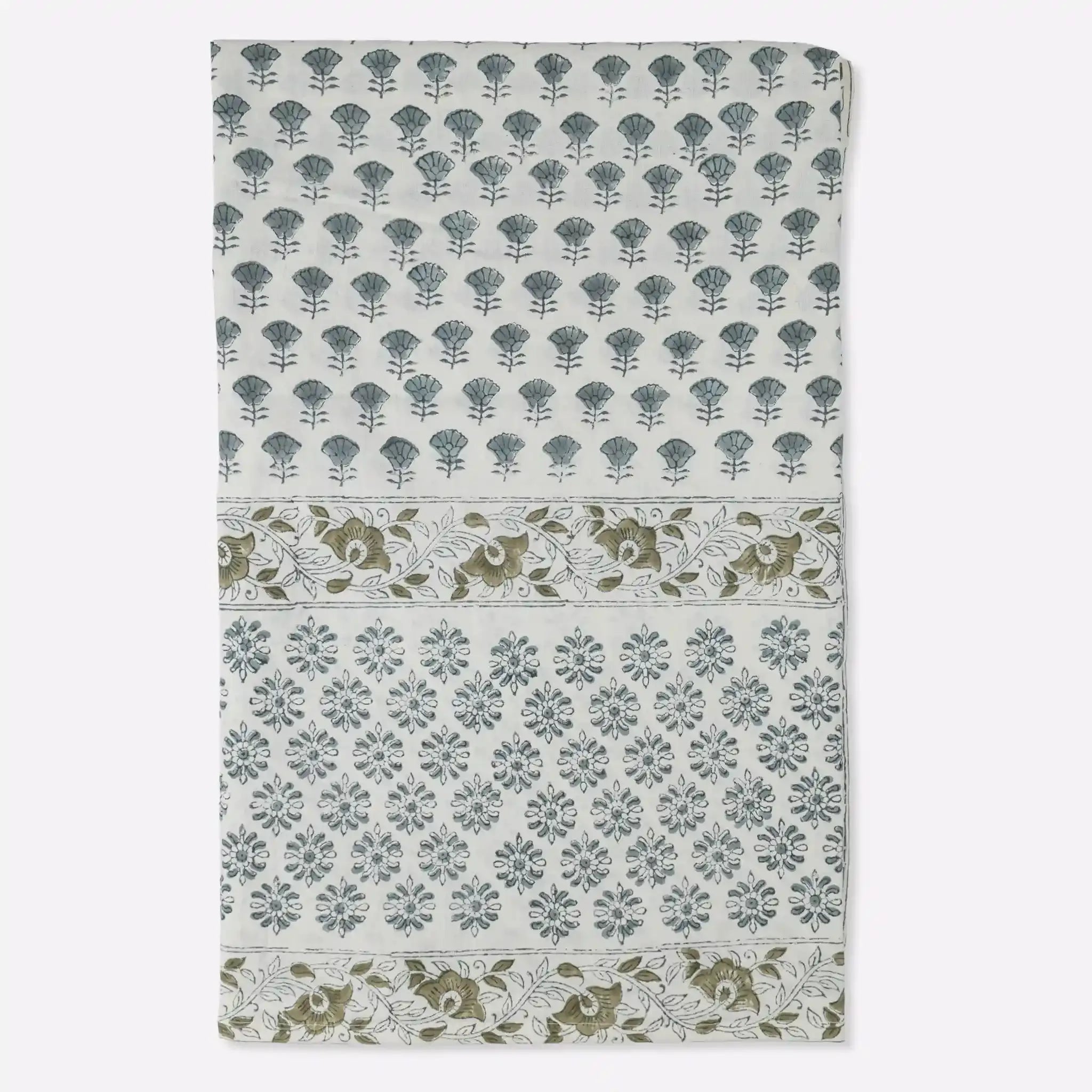 Amber Garden Ice Blue & Mustard Hand Block Printed Cotton Tablecloth