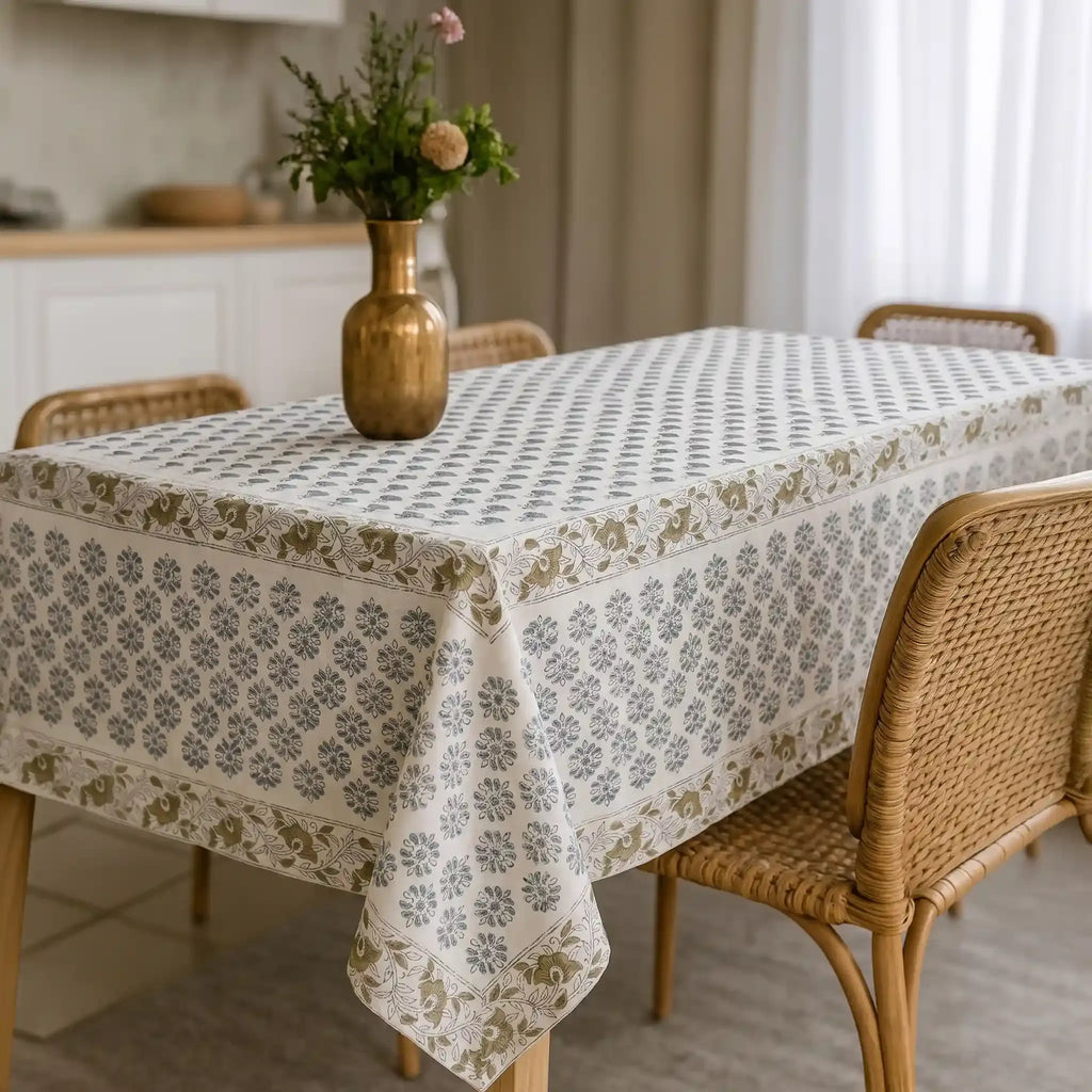 Amber Garden Ice Blue & Mustard Hand Block Printed Cotton Tablecloth