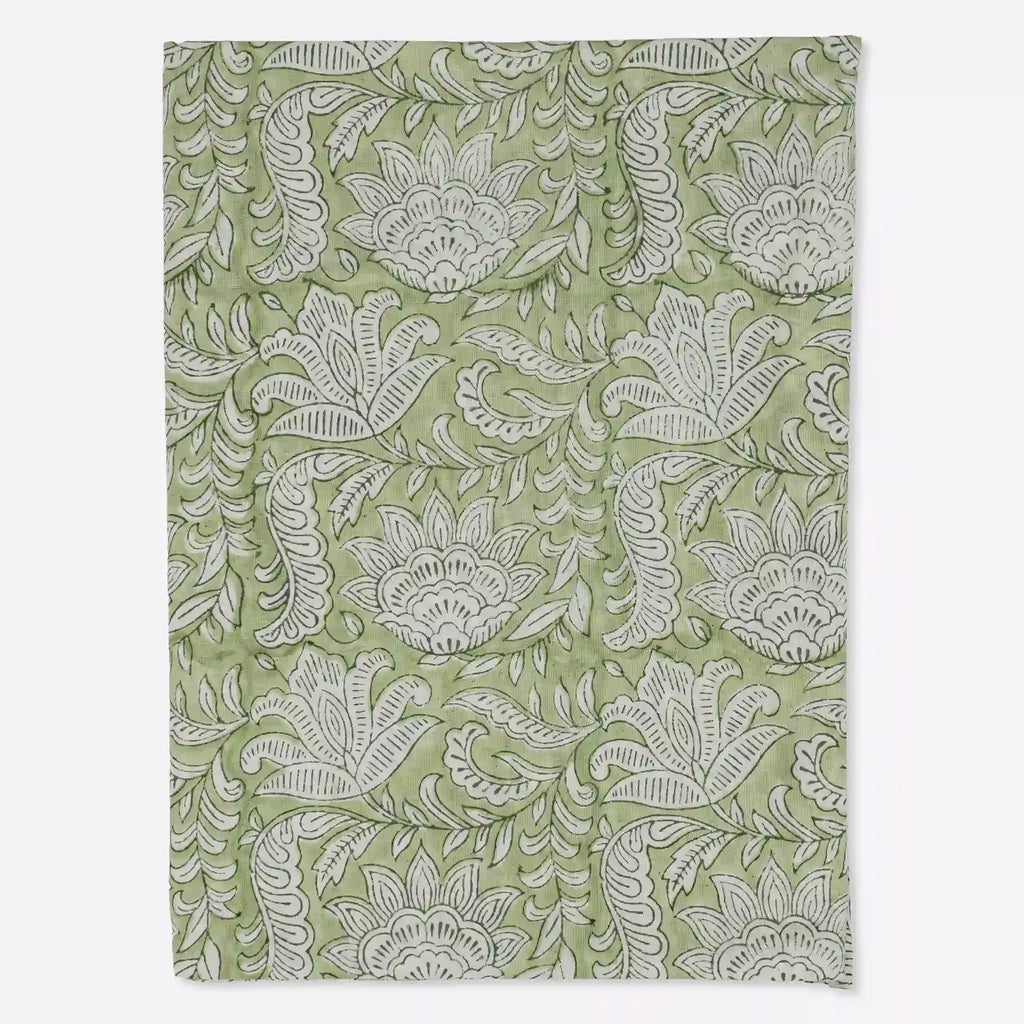 Garden Sage Green & Olive Green Hand Block Printed Cotton Tablecloth