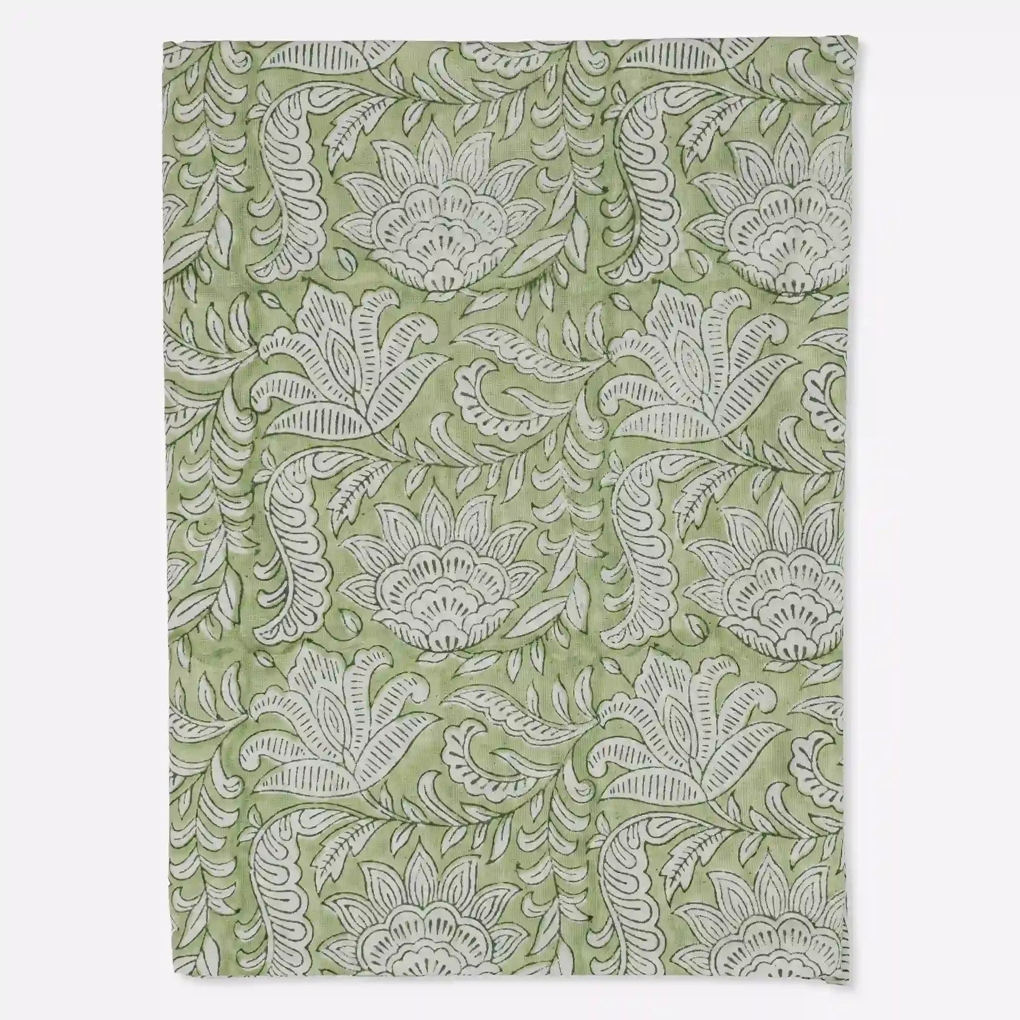 Garden Sage Green & Olive Green Hand Block Printed Cotton Tablecloth
