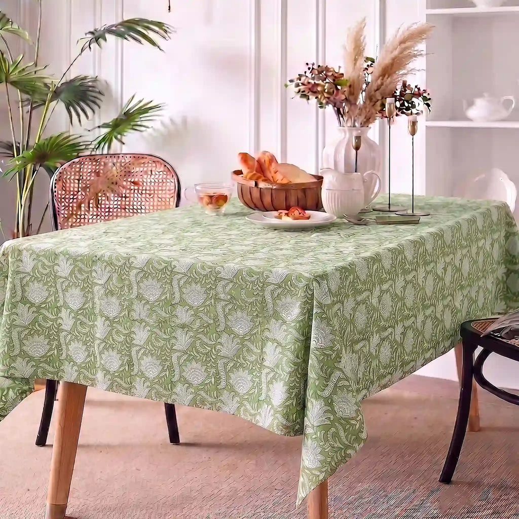 Garden Sage Green & Olive Green Hand Block Printed Cotton Tablecloth