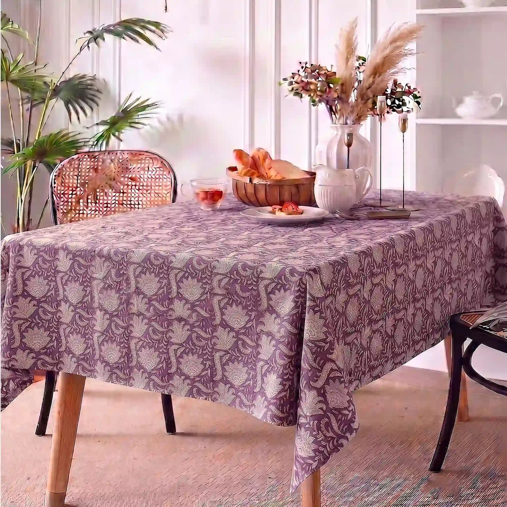 Garden Purple & Orange Hand Block Printed Cotton Tablecloth
