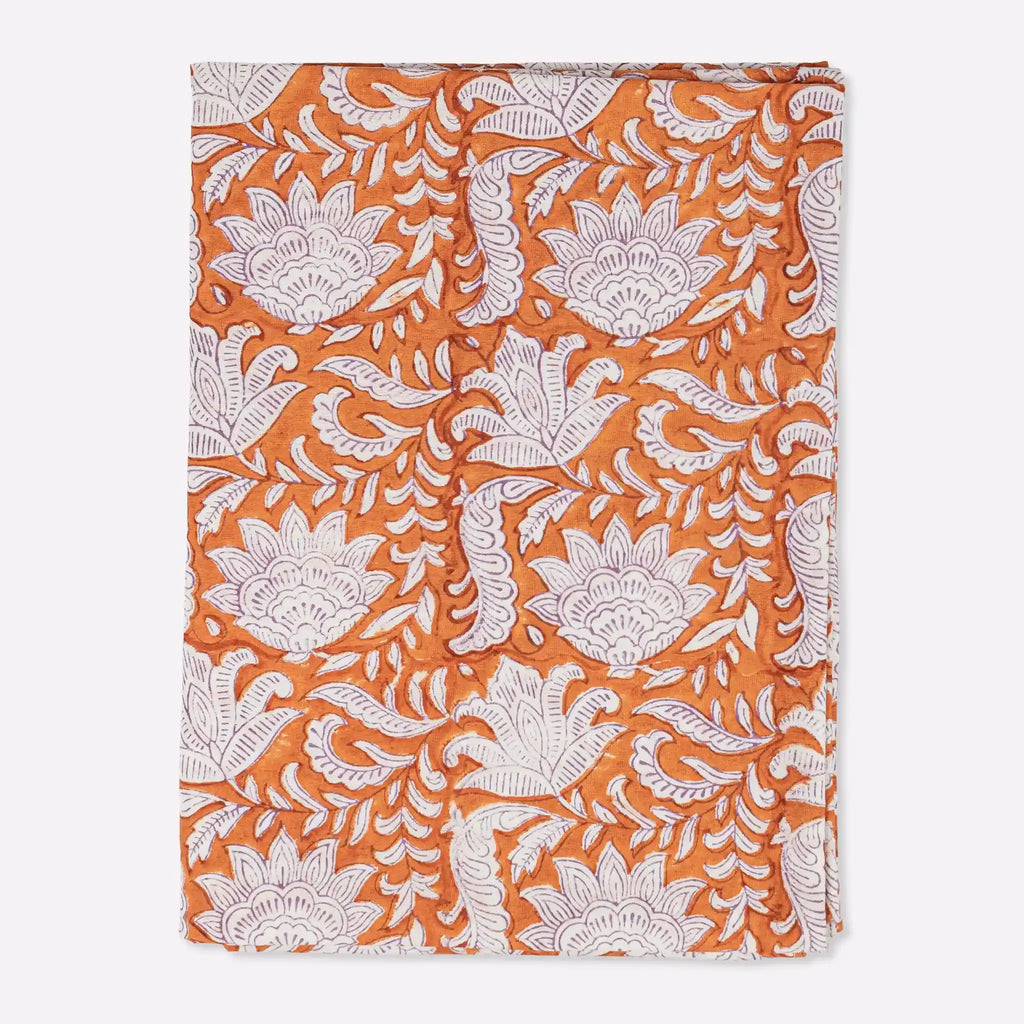 Garden Orange & Purple Hand Block Printed Cotton Tablecloth