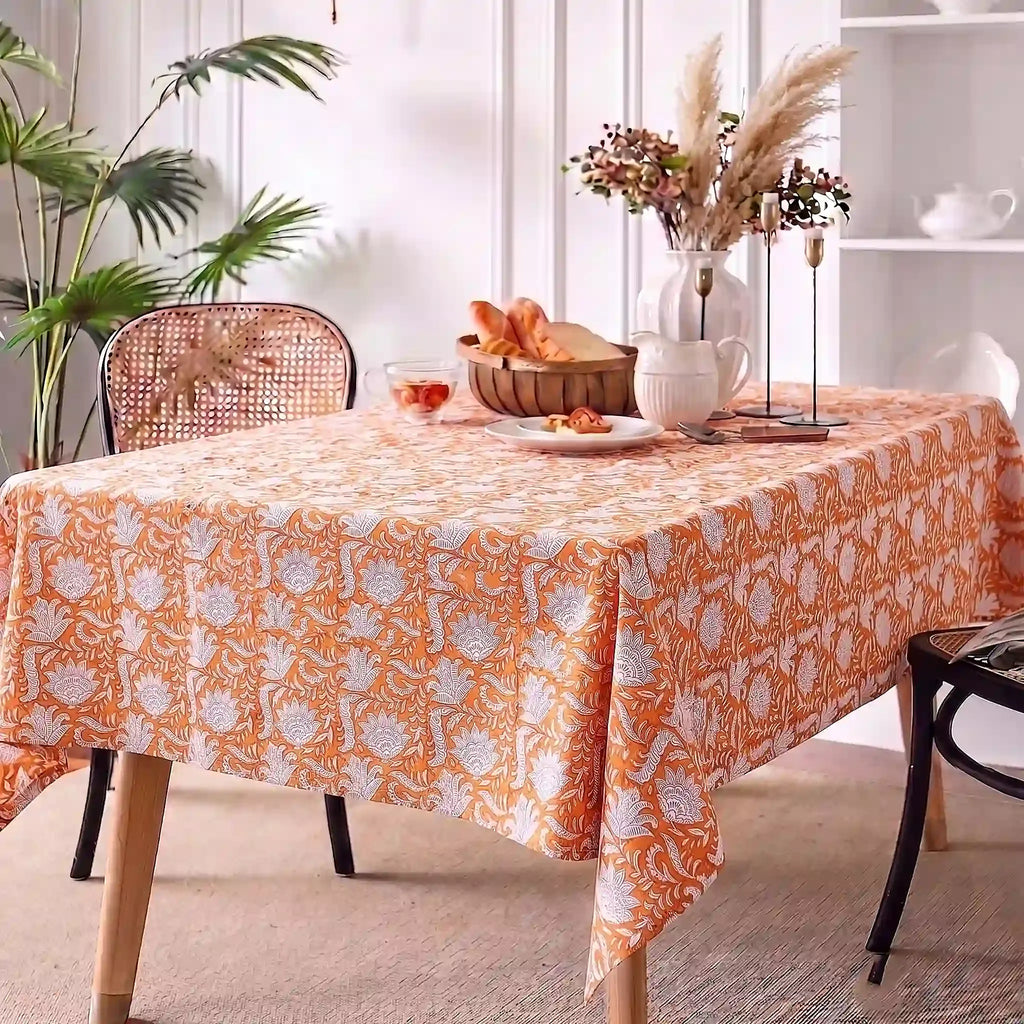 Garden Orange & Purple Hand Block Printed Cotton Tablecloth