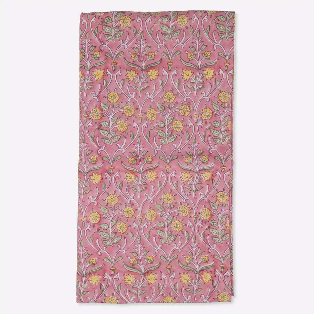 Garden Archive Salmon Pink & Yellow Hand Block Printed Cotton Tablecloth