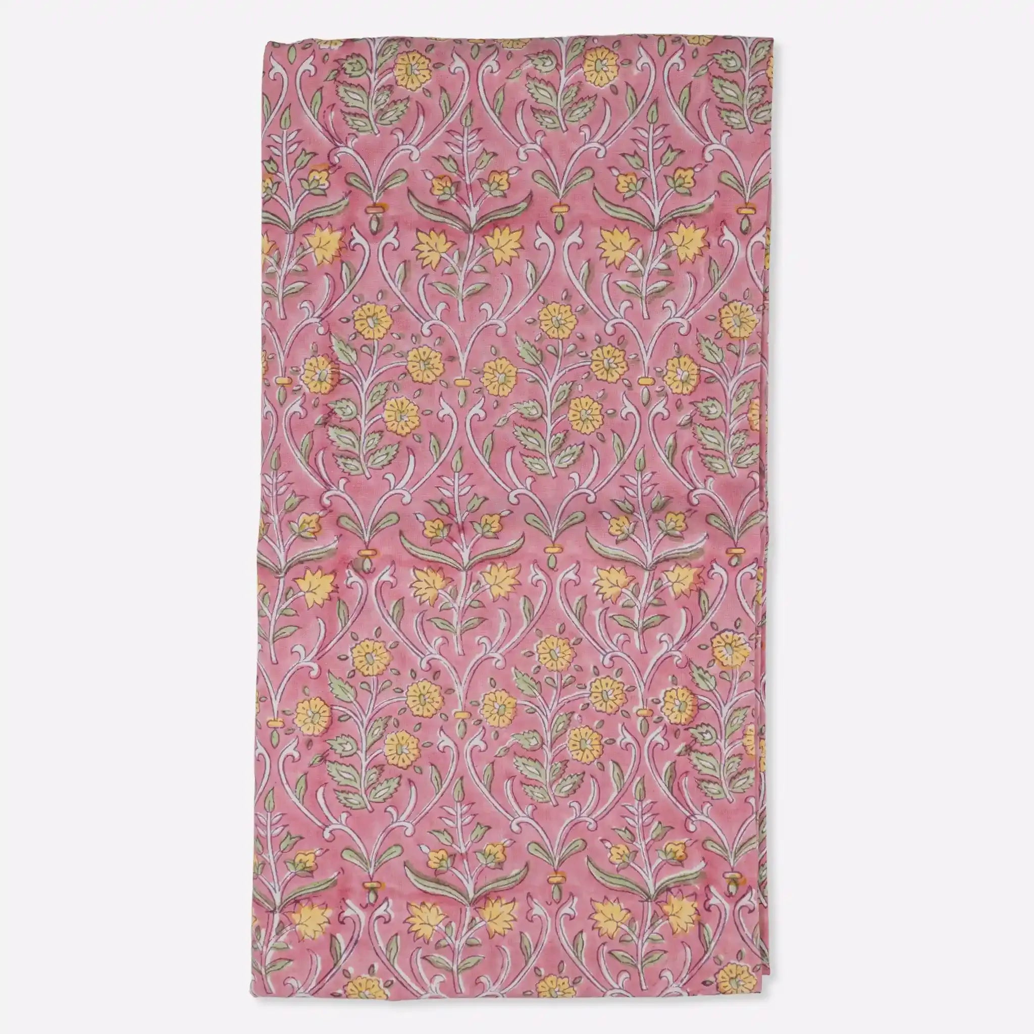 Garden Archive Salmon Pink & Yellow Hand Block Printed Cotton Tablecloth