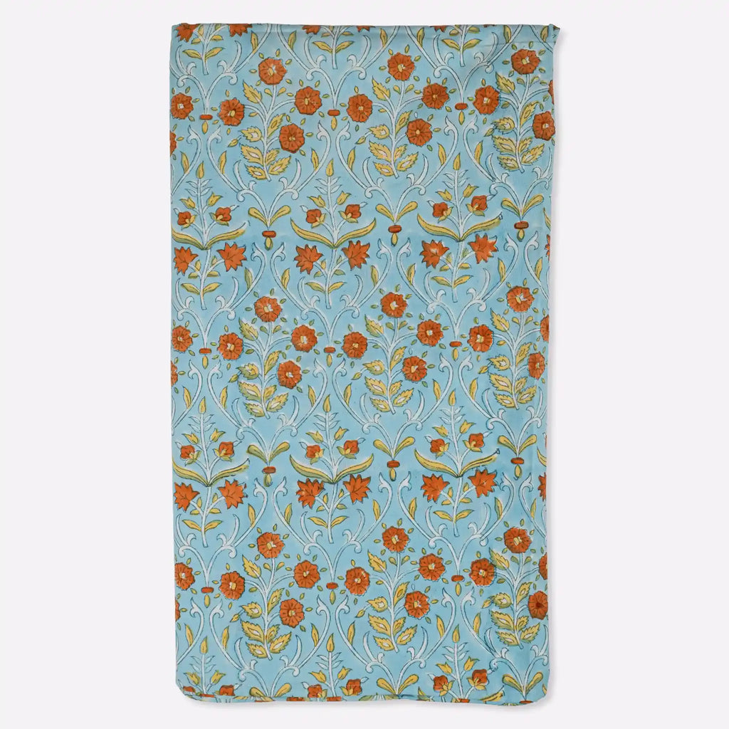 Garden Archive Ice Blue & Dusk Orange Hand Block Printed Cotton Tablecloth