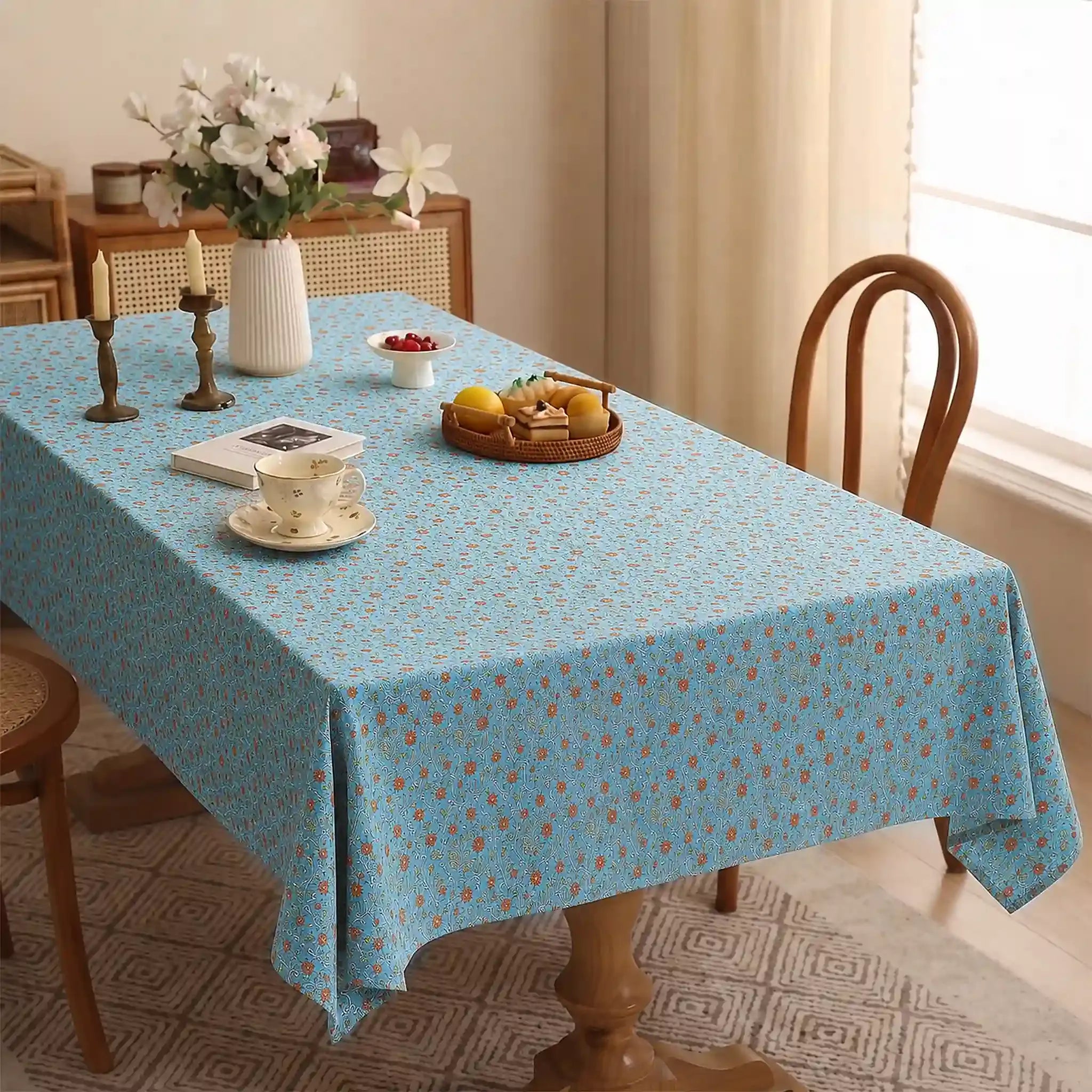 Garden Archive Ice Blue & Dusk Orange Hand Block Printed Cotton Tablecloth